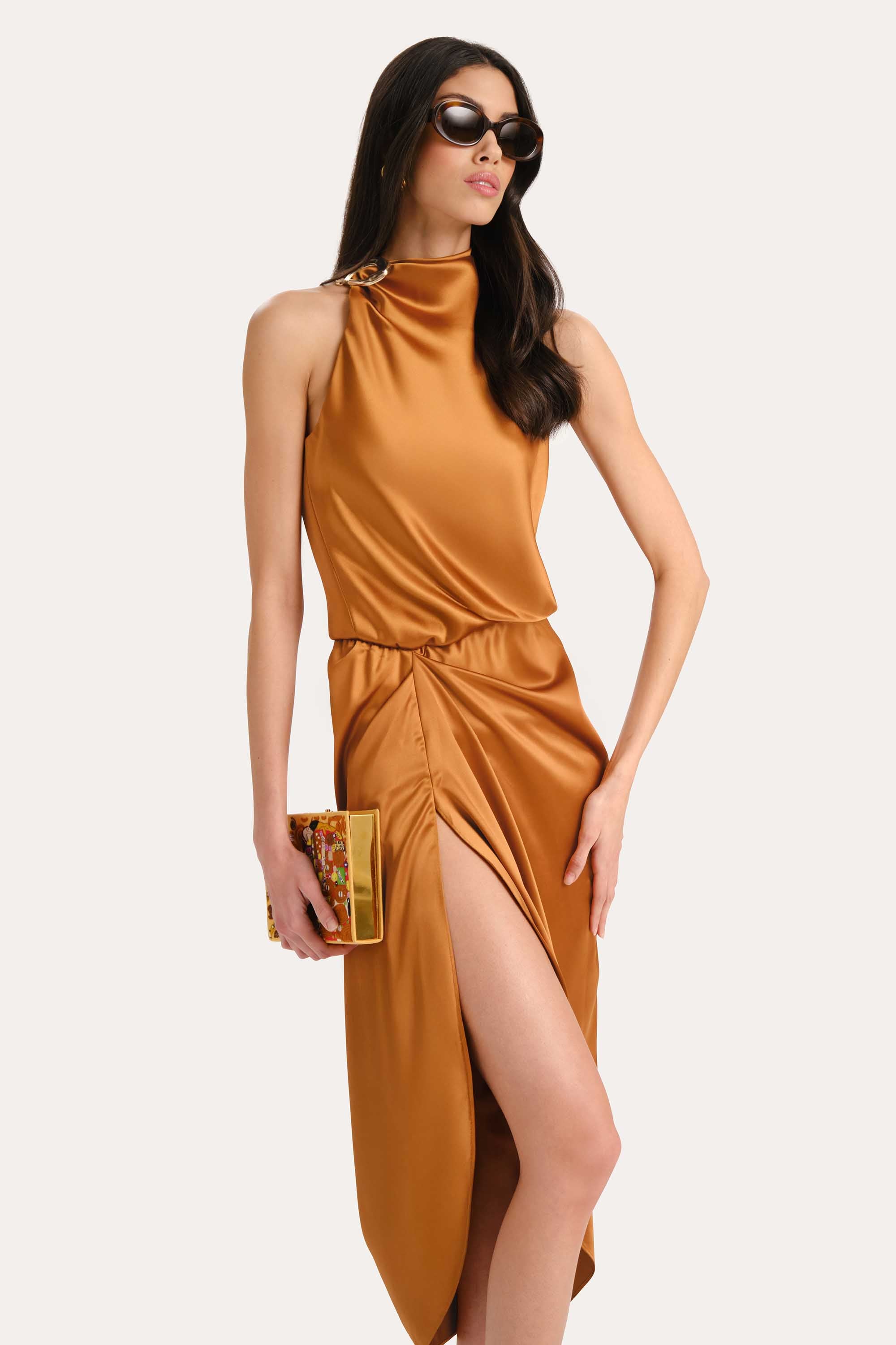 Elie Tahari Josephine E5032606 sukienka latte bronze midi