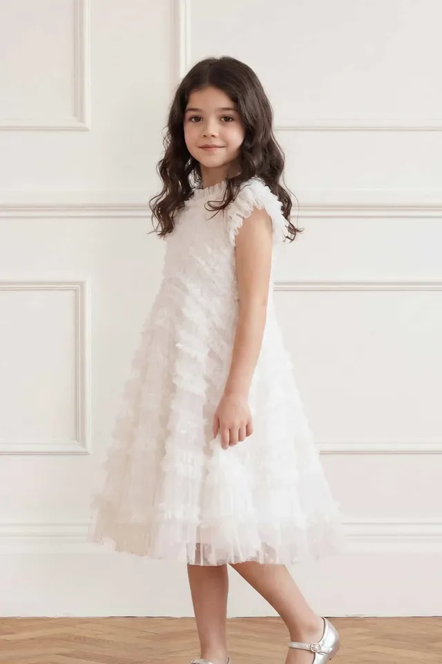 Needle & Thread Amara Ruffle Sleeve Kids Dress sukienka biała tiulowa