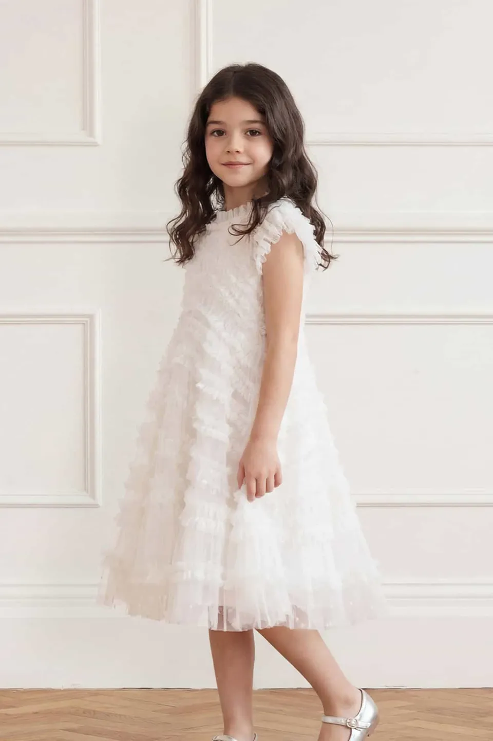 Needle & Thread Amara Ruffle Sleeve Kids Dress sukienka biała tiulowa