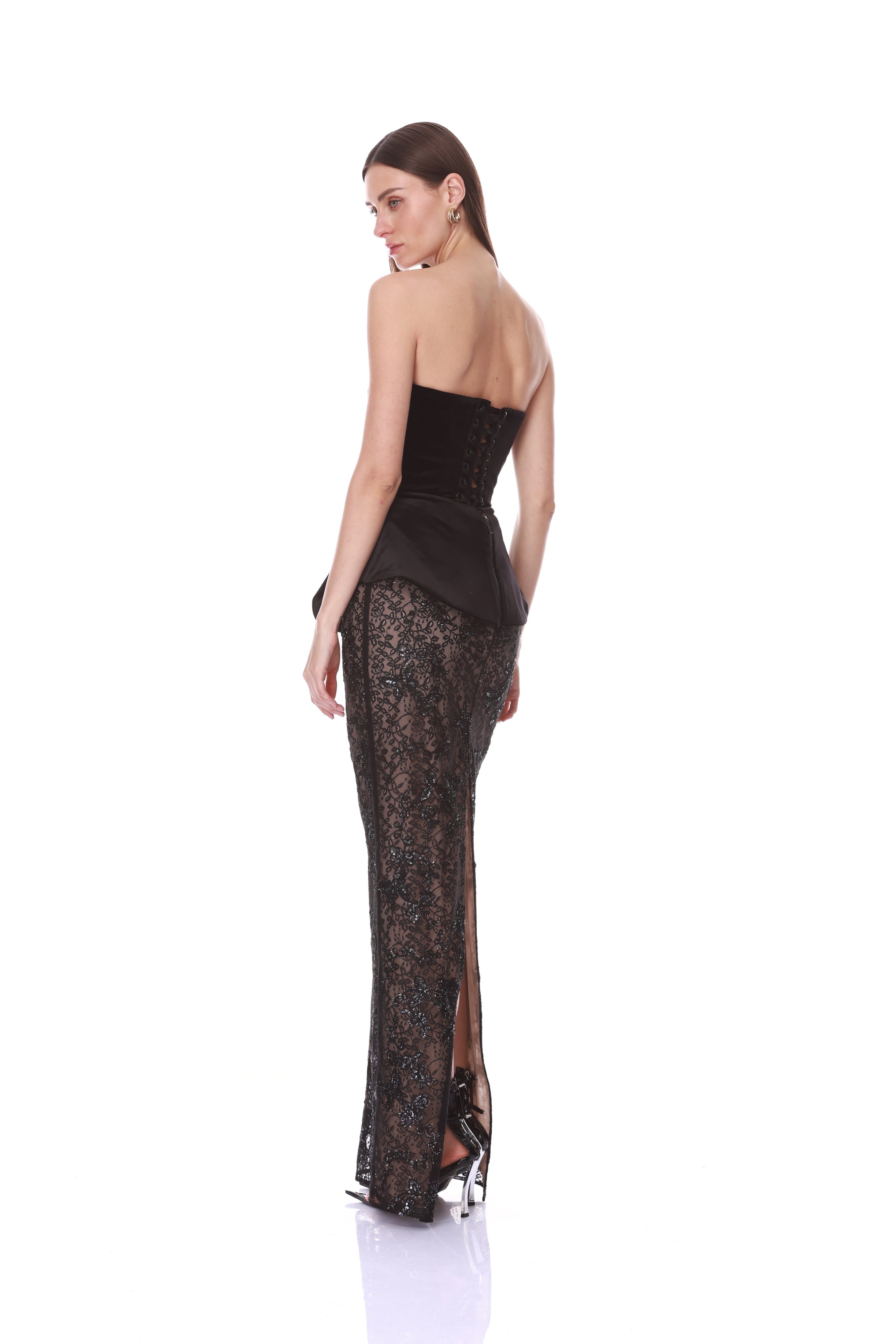 Bronx and Banco Velvet Lace sukienka wieczorowa czarna maxi