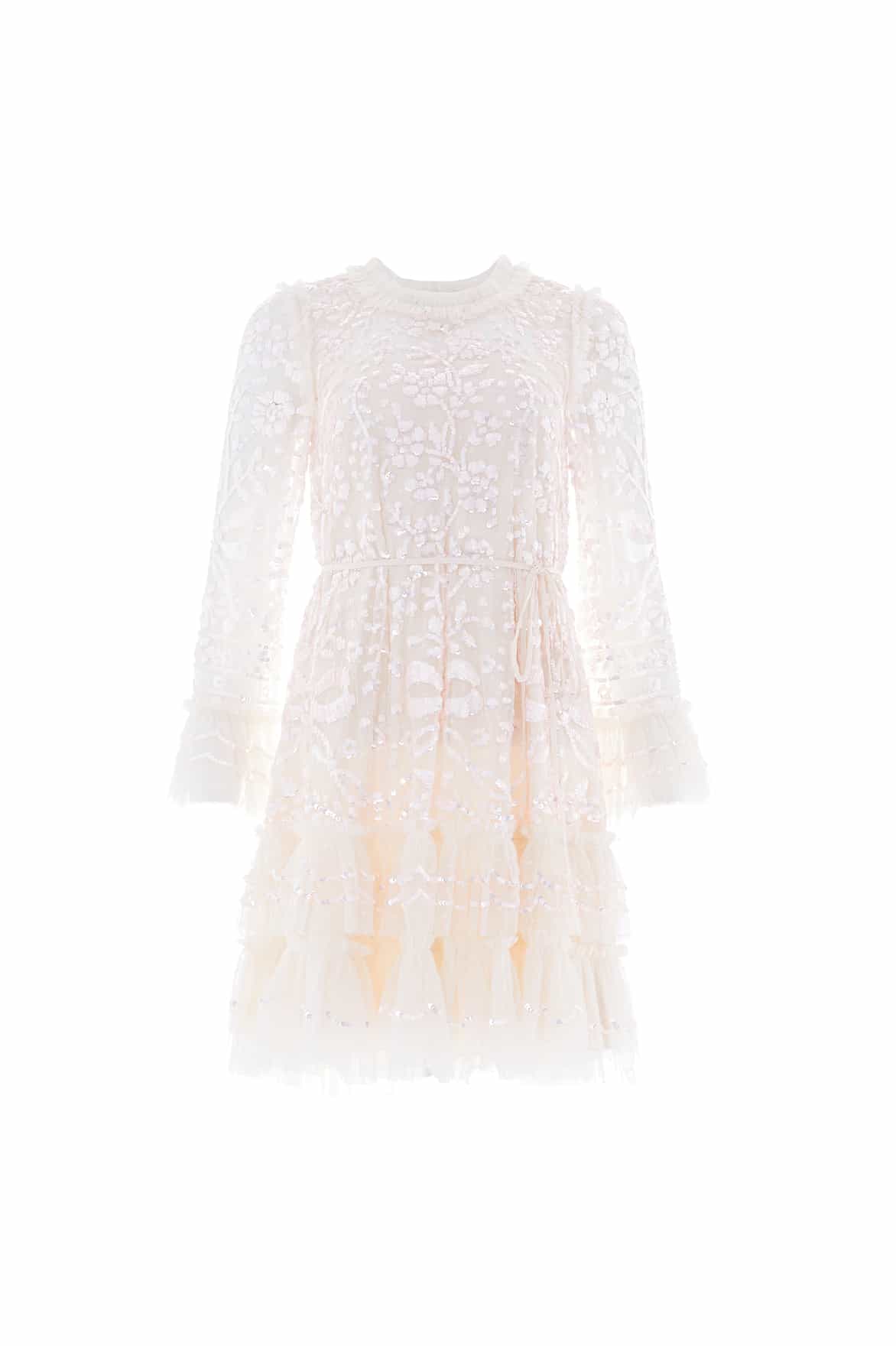 Needle & Thread Celia Long Sleeve Mini sukienka kremowa cekinowa