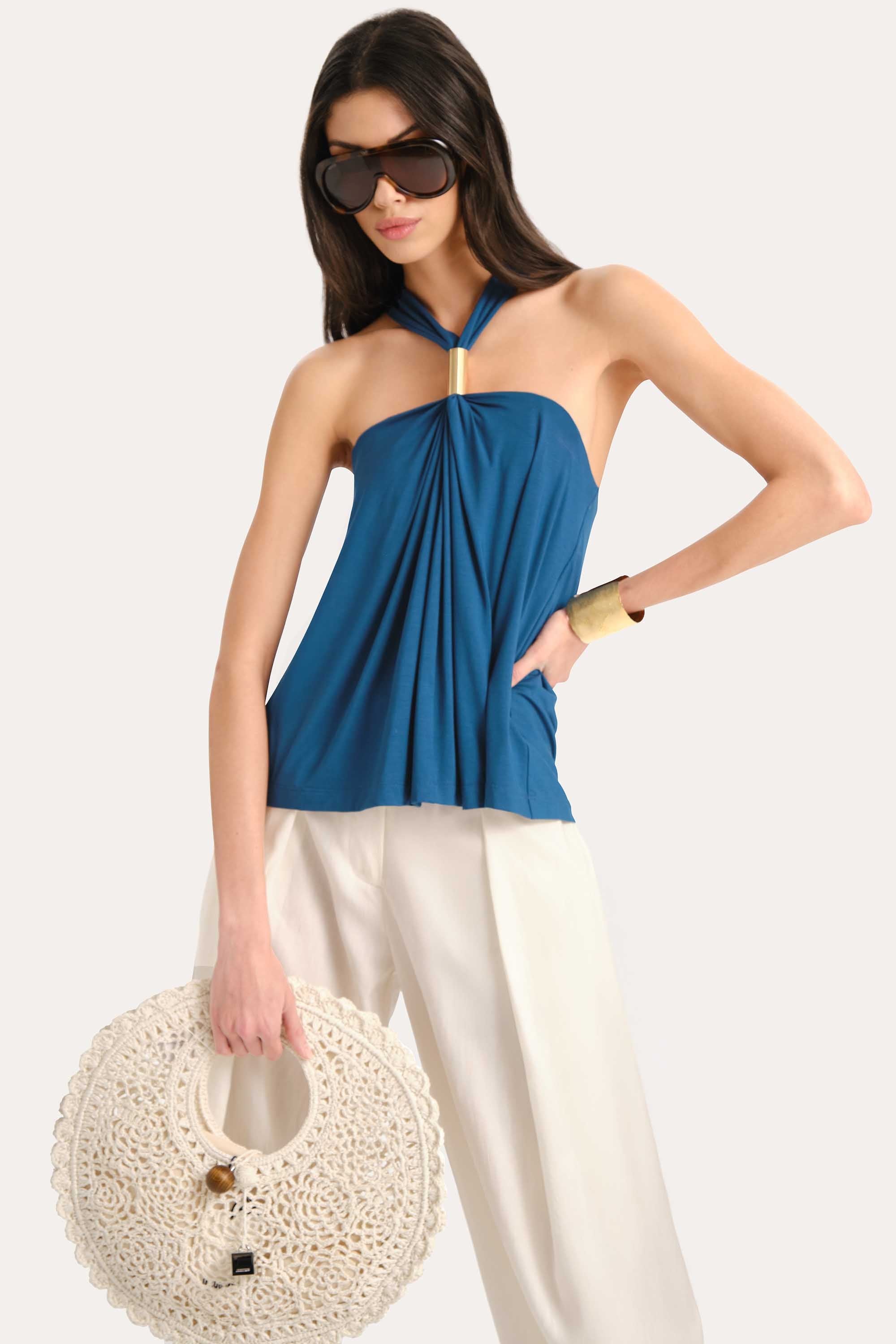 Elie Tahari Lila Halterneck top Teal Eclipse wiskozowy