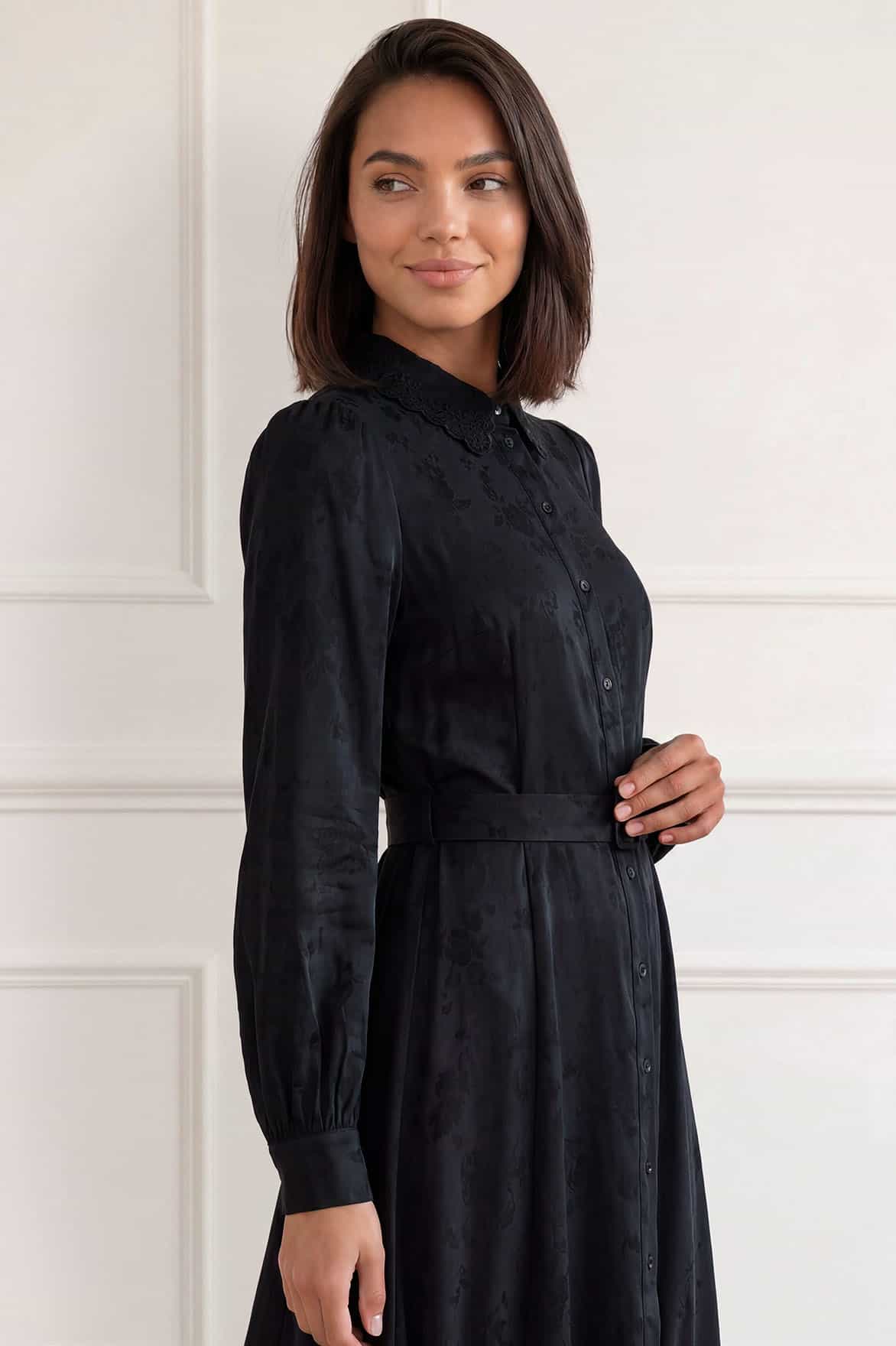 Needle & Thread Charlotte Jacquard Shirt Dress sukienka czarna za kostkę
