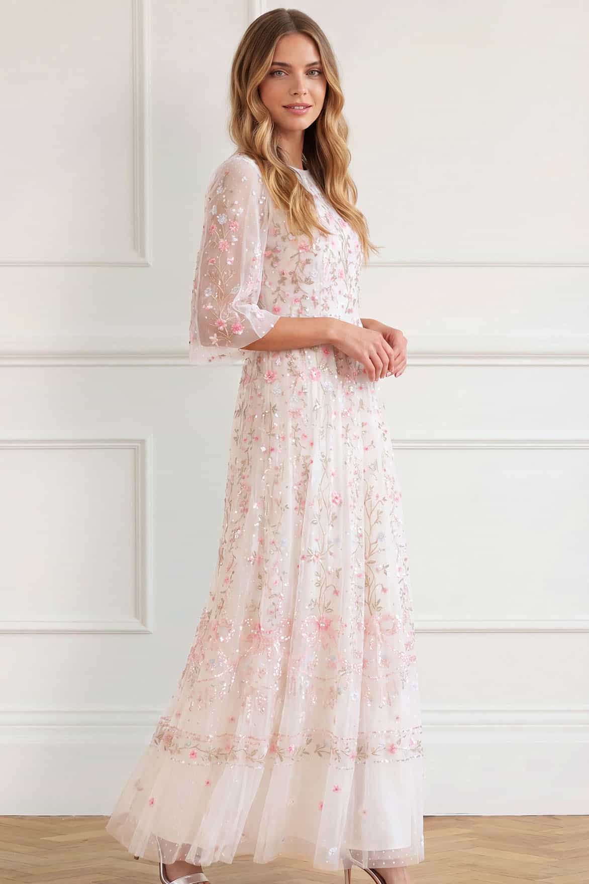Needle & Thread Rococo Ribbon Round Neck Gown sukienka biała maxi