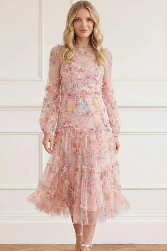 Needle & Thread Floral Diamond Ruffle Ballerina Dress sukienka multi nadruk