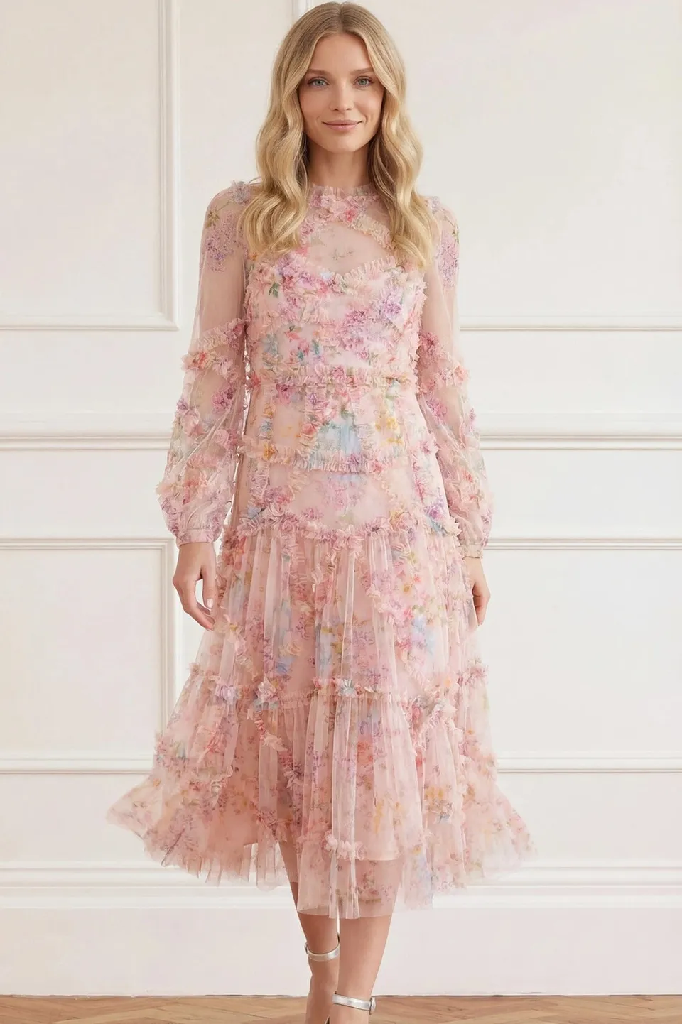 Needle & Thread Floral Diamond Ruffle Ballerina Dress sukienka multi nadruk