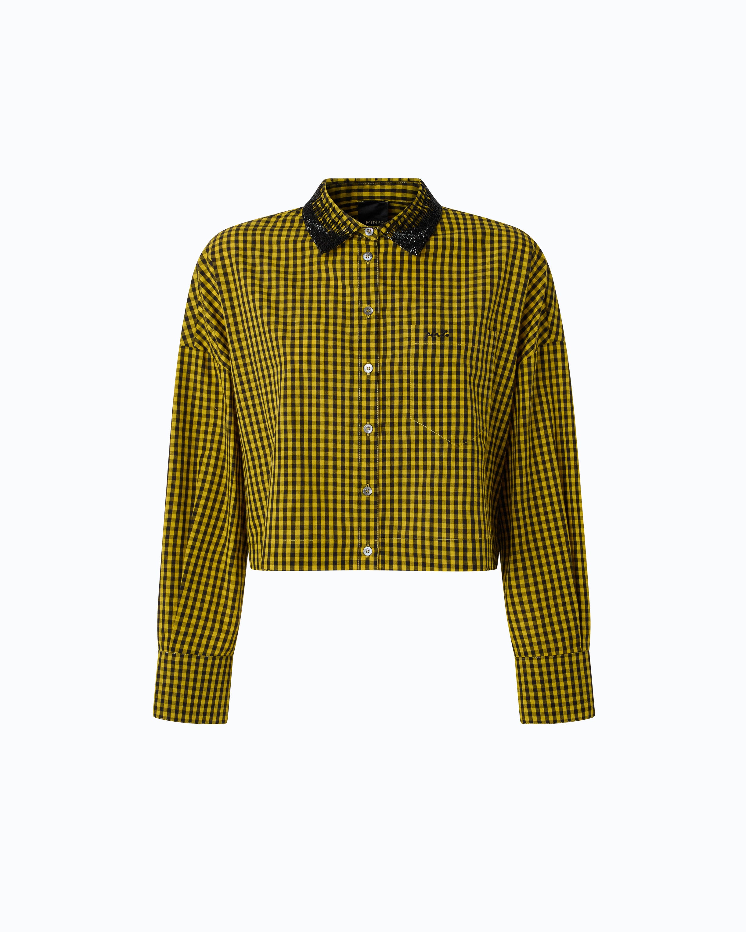 Pinko Carne koszula cropped czarna w kratkę