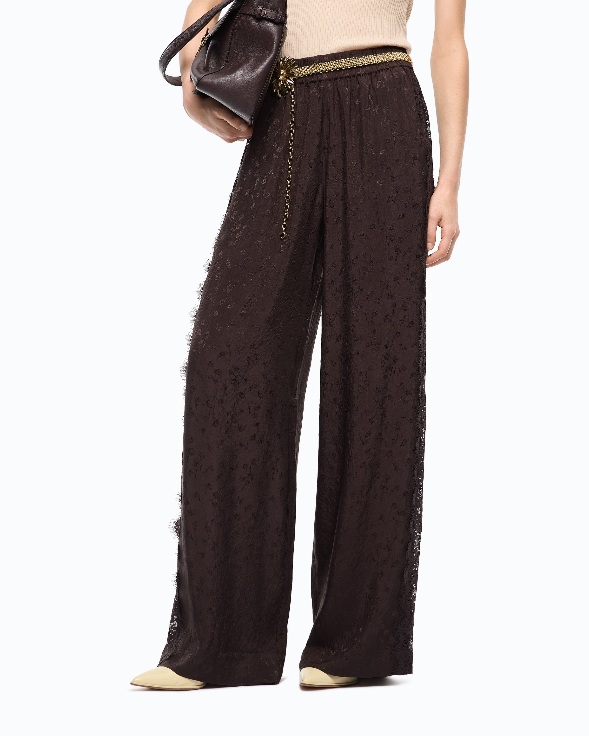 Pinko Philesia Pants spodnie palazzo brązowe koronka