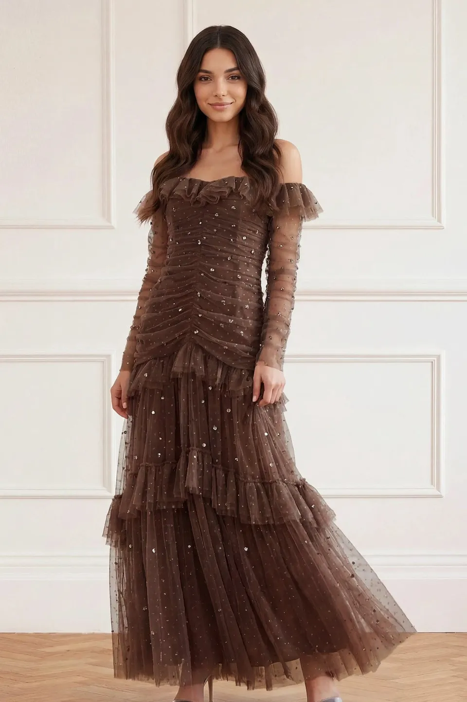 Needle & Thread Sequin Glimmer Rouched suknia brązowa gorsetowa