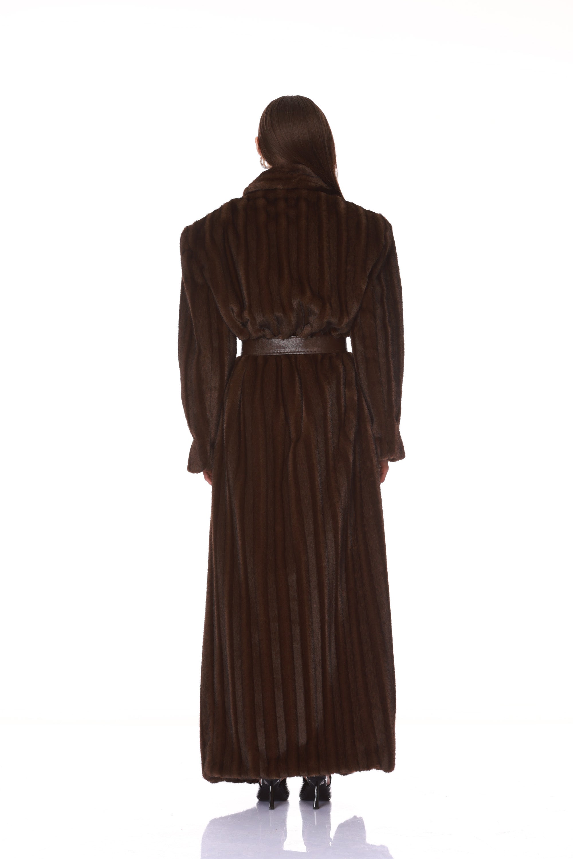 Bronx and Banco Faux Fur płaszcz futro dark brown pasek
