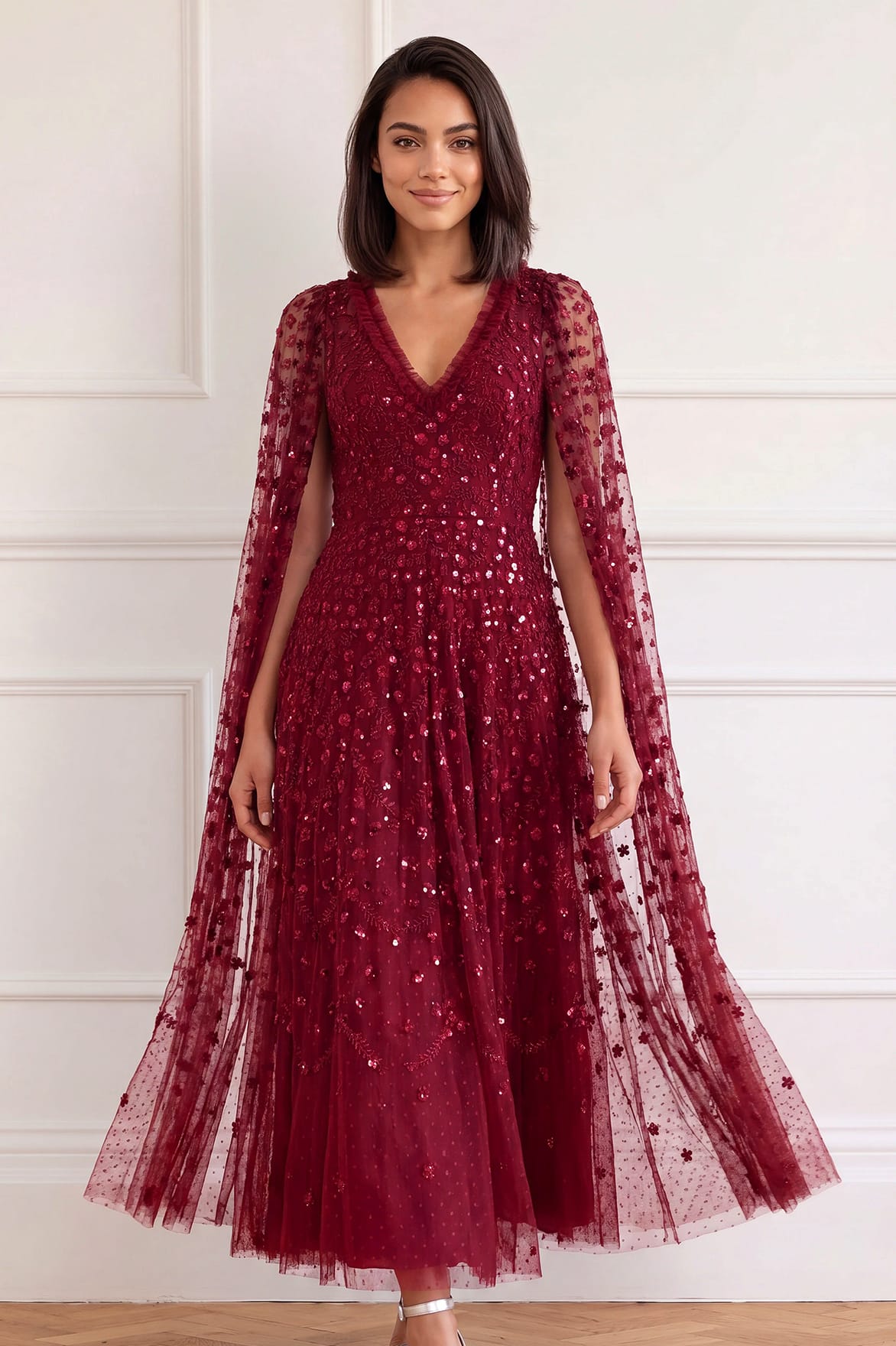 Needle & Thread Clover Cape Sleeve sukienka Red cekinowa