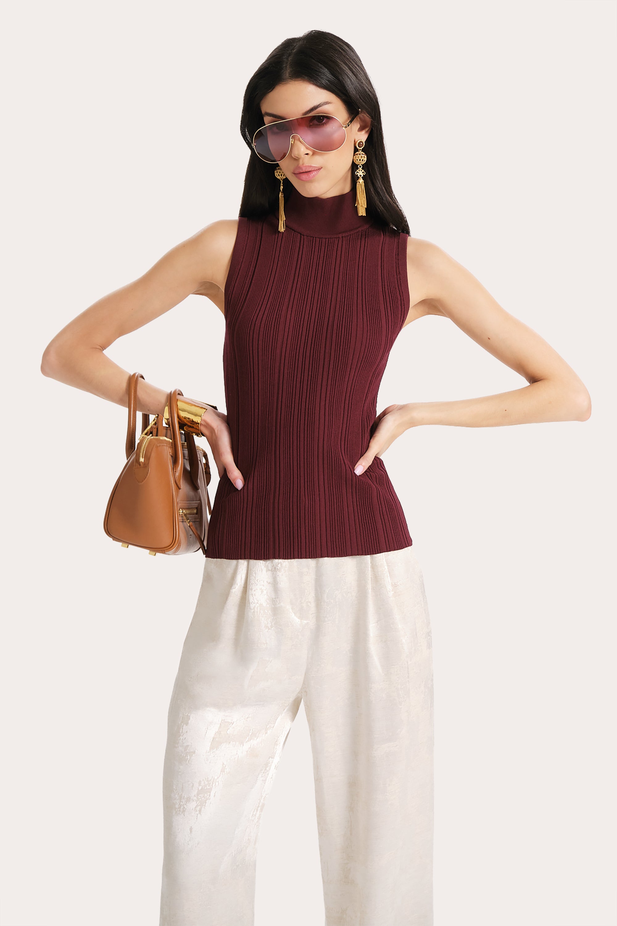 Elie Tahari Azura top prążkowany bez rękawów Plum