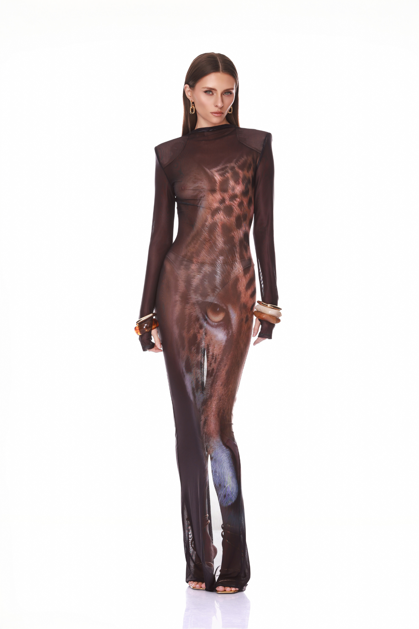 Bronx and Banco Leopard sukienka wieczorowa maxi mesh