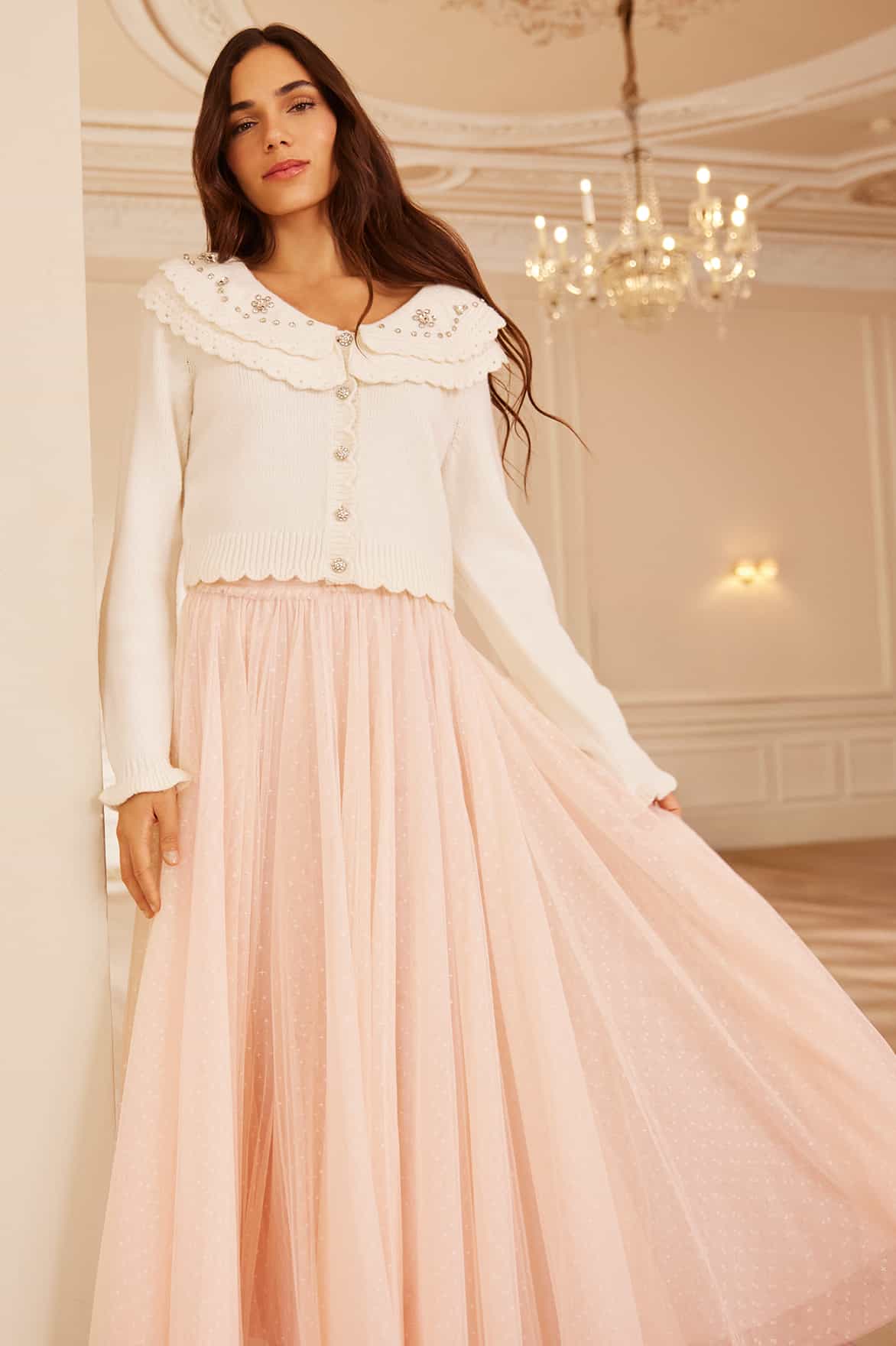 Needle & Thread Embellished Collar kardigan kremowy z wełną