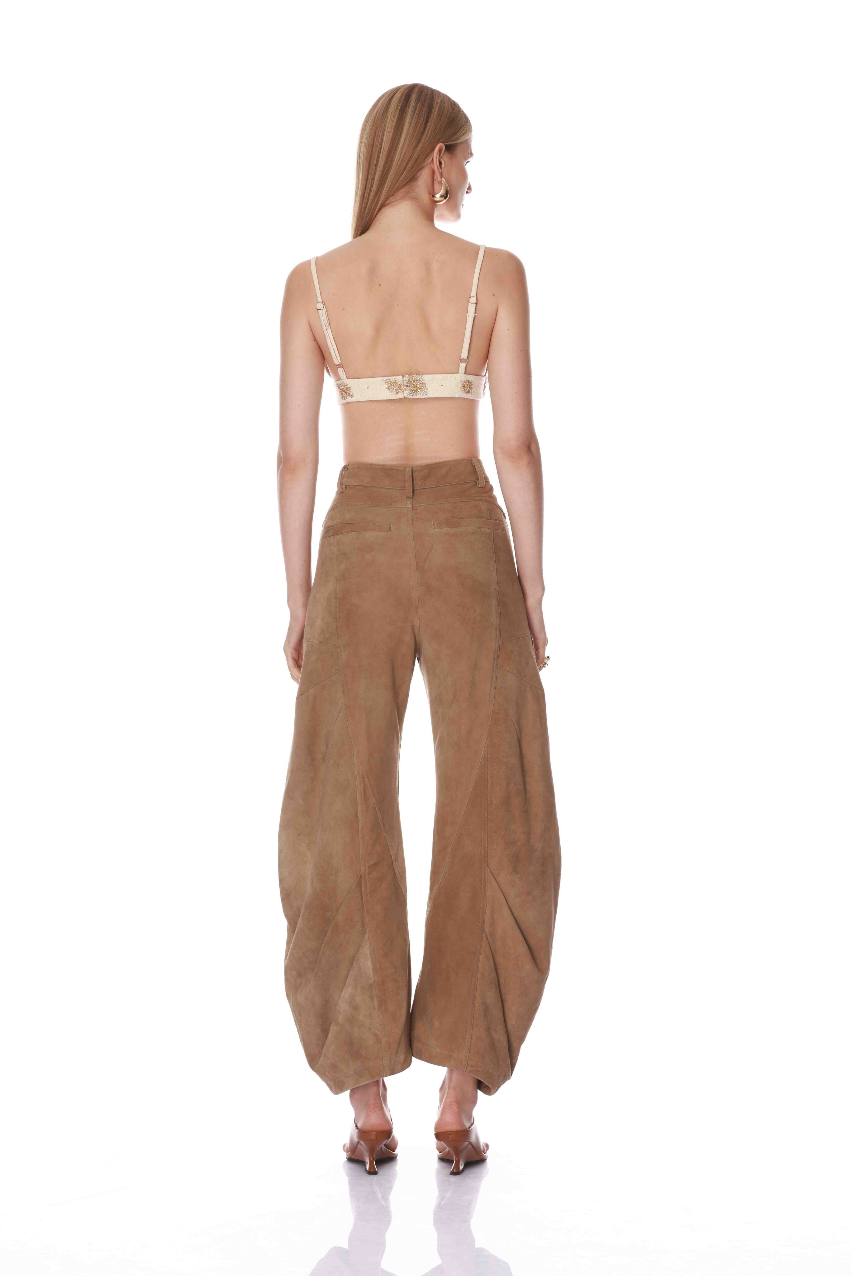 Bronx and Banco Suede Brown spodnie zamszowe barrel