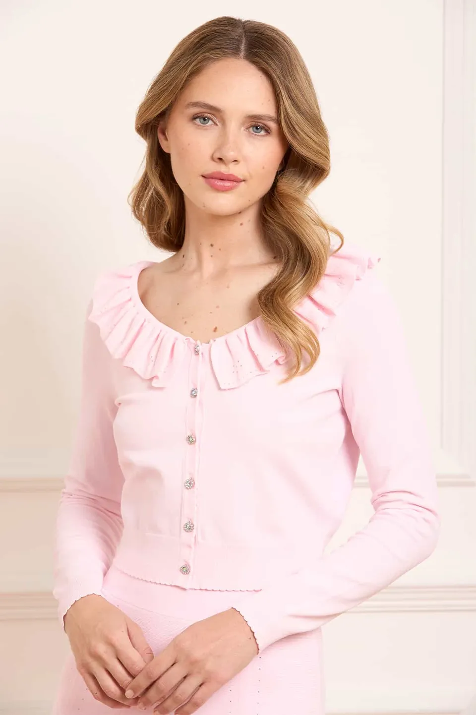 Needle & Thread Pointelle Trim Knit Short Cardigan kardigan różowy dzianinowy