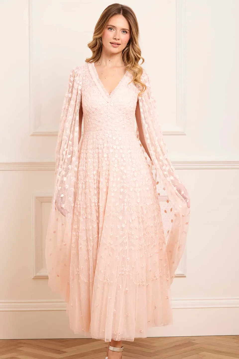 Needle & Thread Clover Cape Sleeve Ankle Gown sukienka różowa