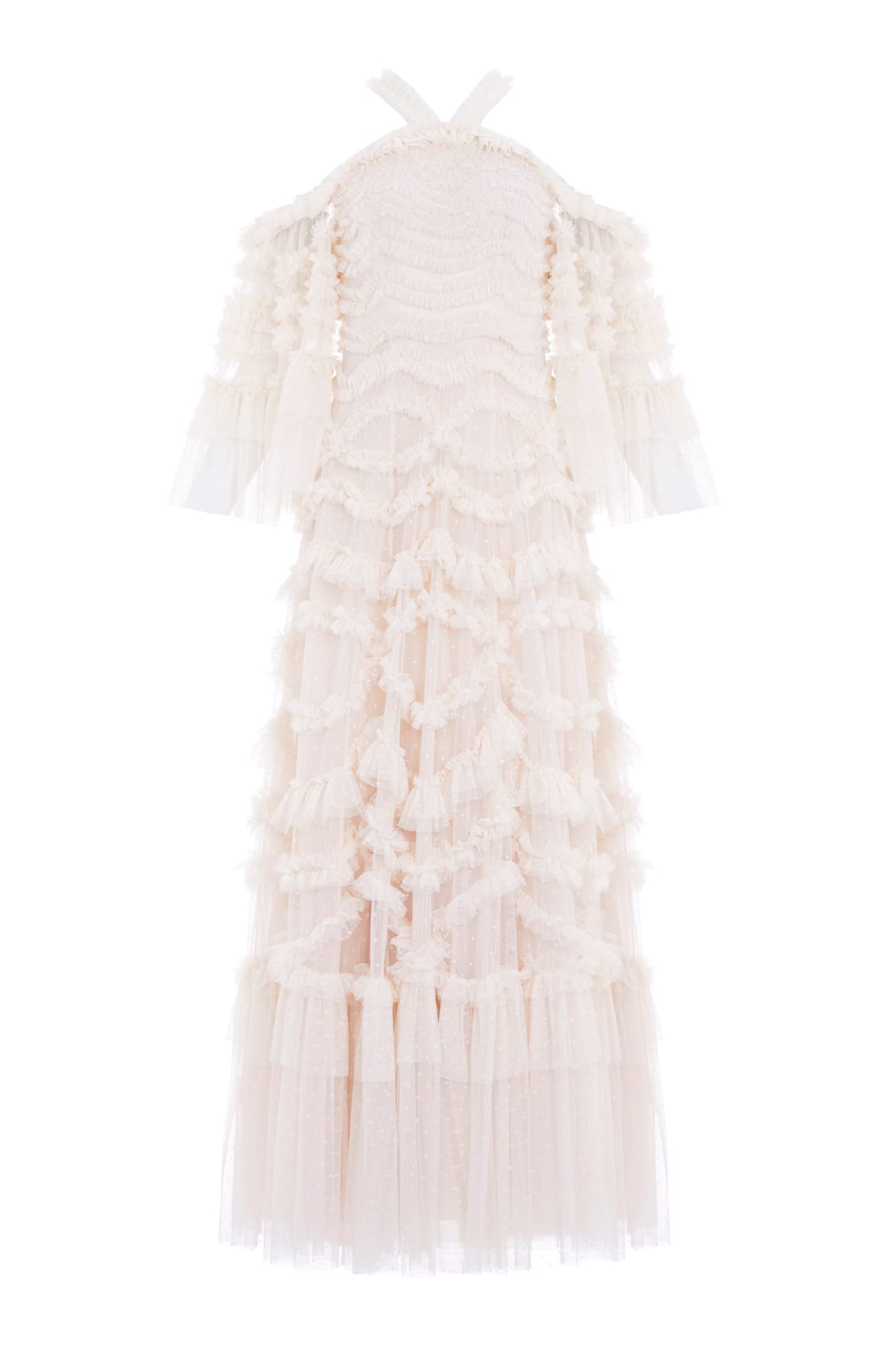 Needle & Thread Bronte Off-Shoulder Gown sukienka kremowa falbany