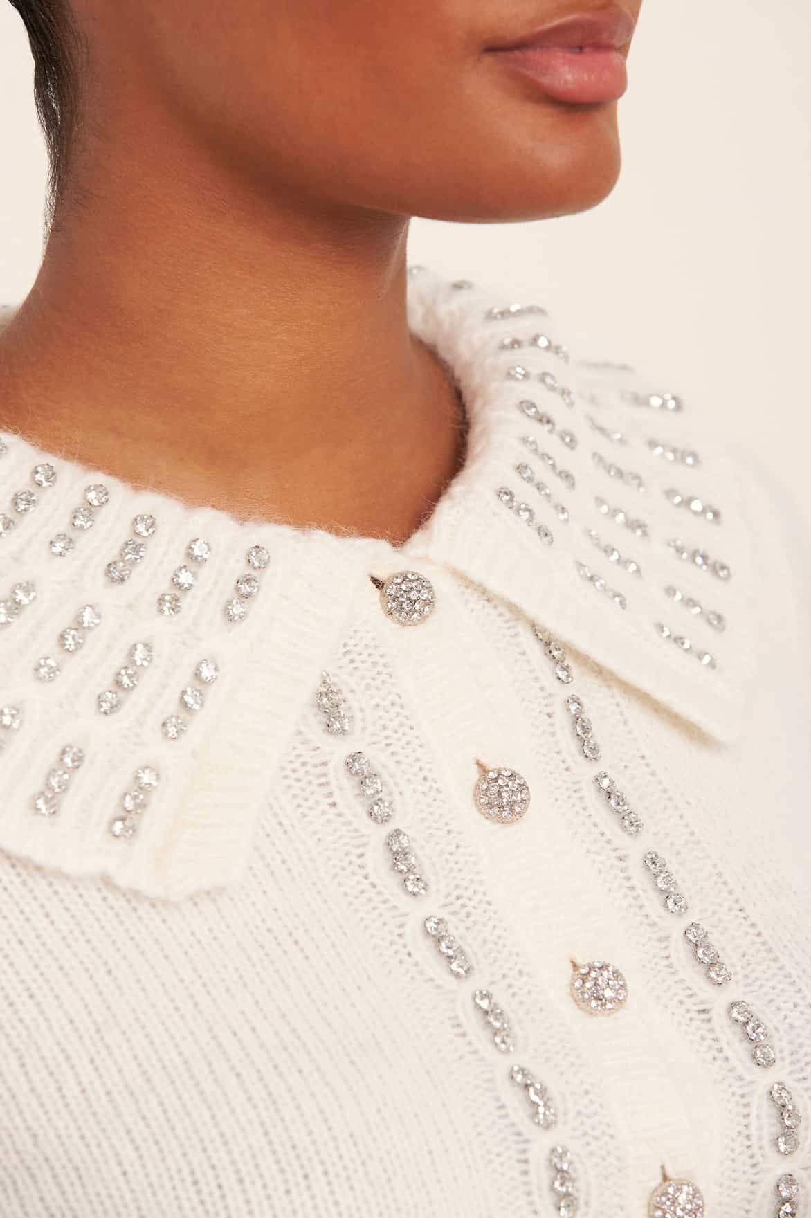 Needle & Thread Embellished Collar Short Cardigan sweter krem alpaka