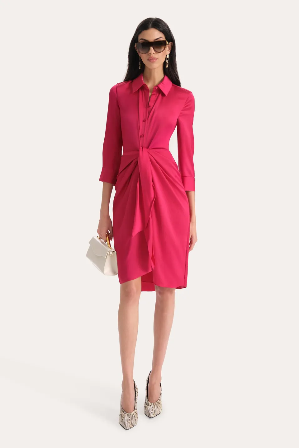Elie Tahari Satin Tie Shirt Dress sukienka różowa Cyclamen