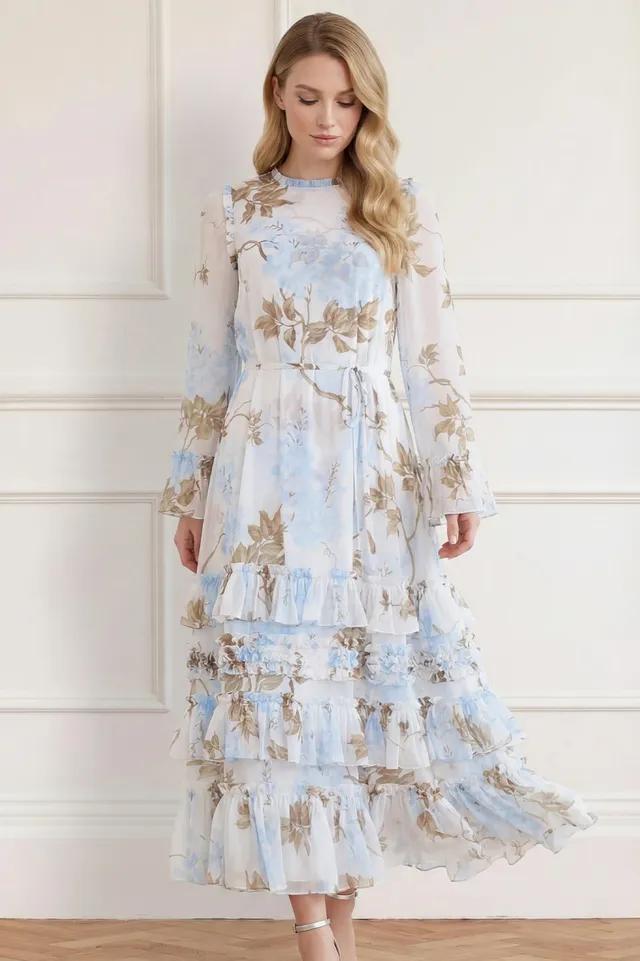 Needle & Thread Wisteria Chiffon sukienka biało-niebieska