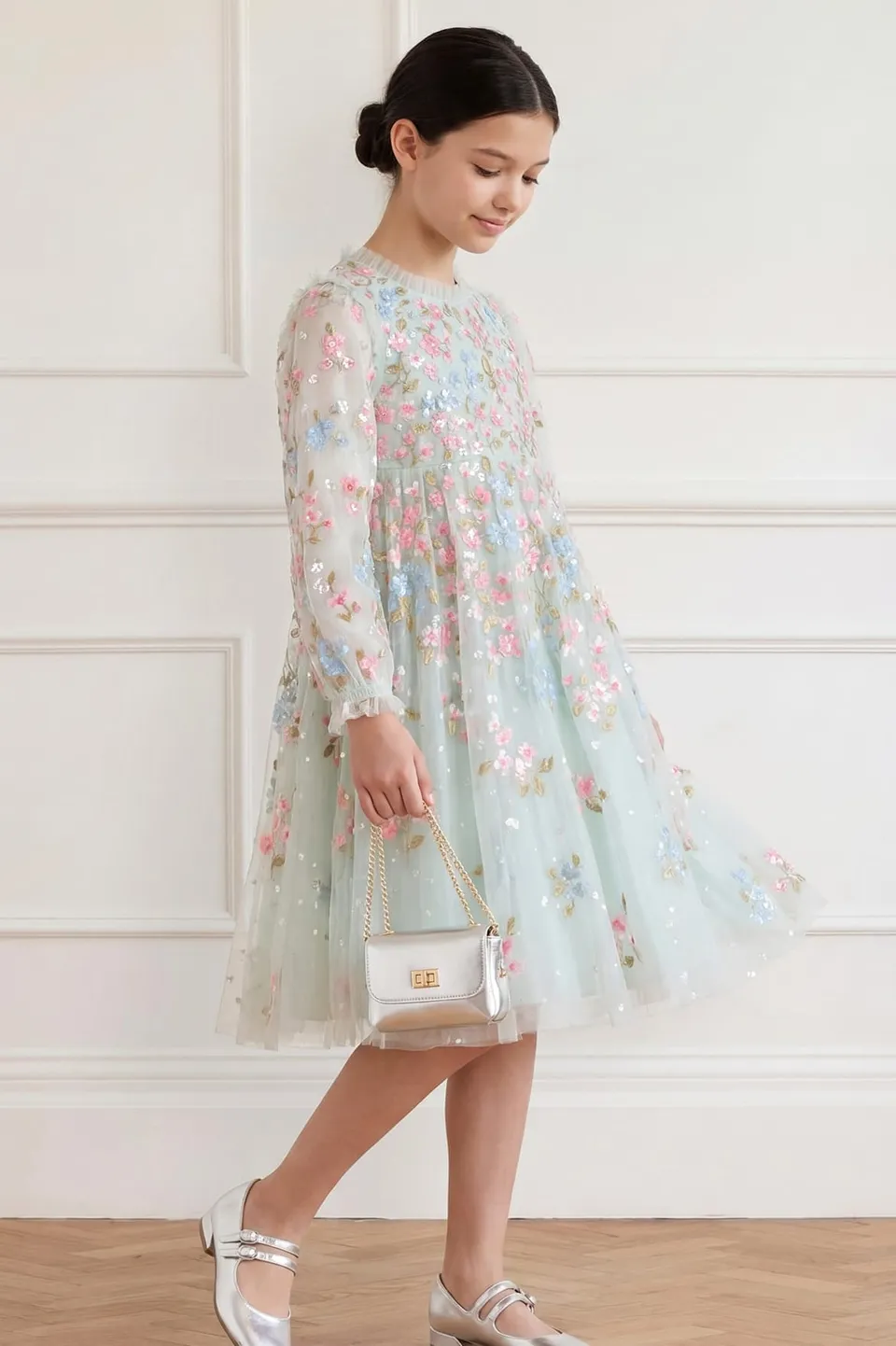 Needle & Thread Versailles Ditsy Long Sleeve Kids Dress sukienka zielona