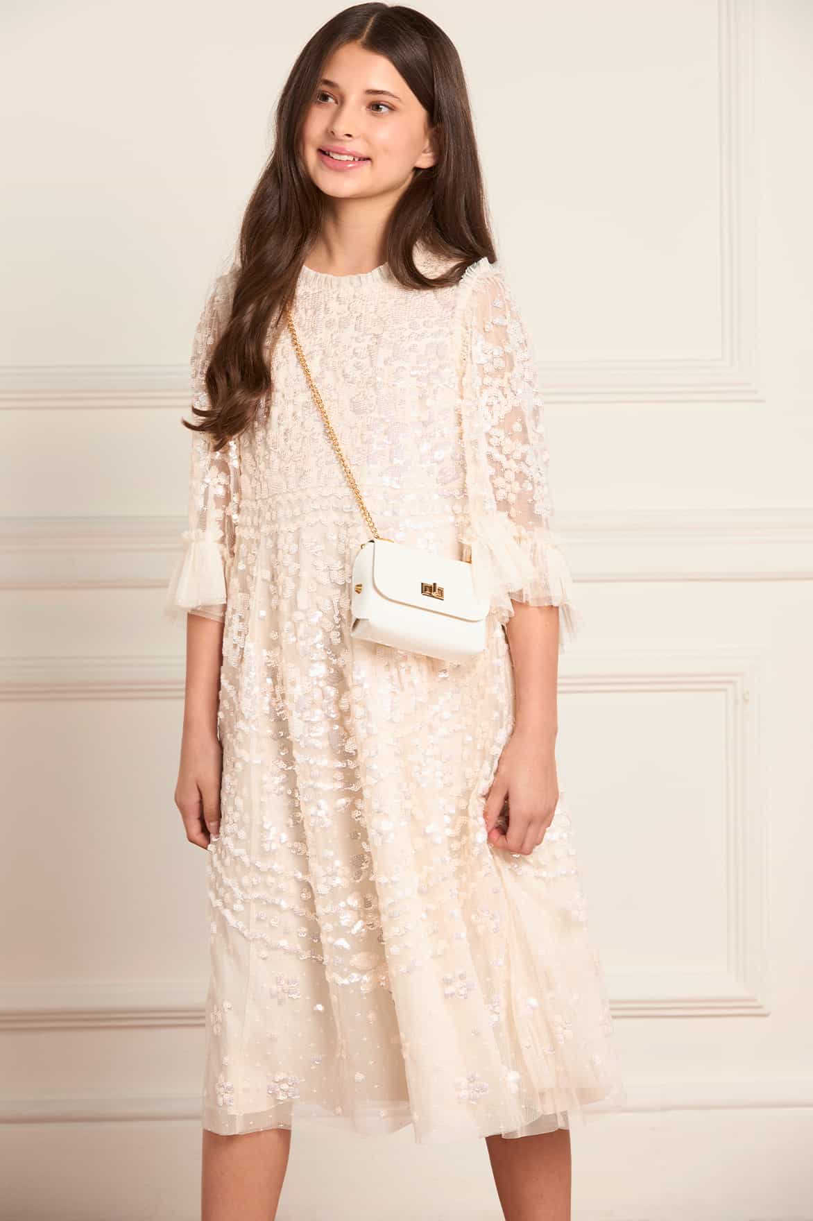 Needle & Thread Anais Sequin sukienka dziewczęca kremowa cekiny