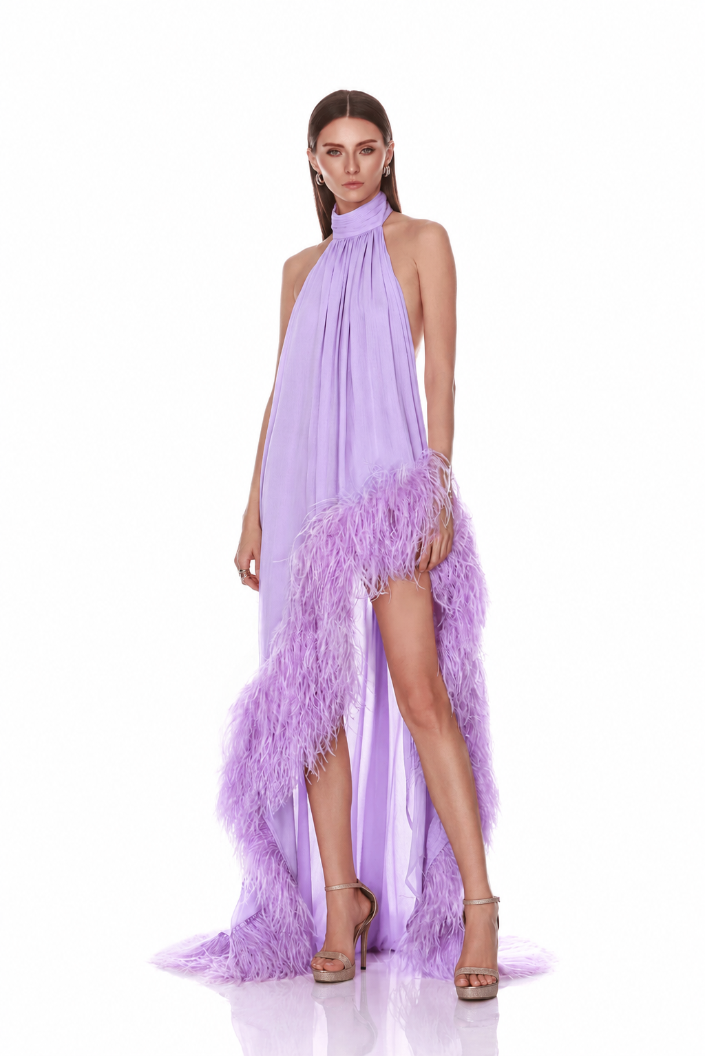 Bronx and Banco Madeline Dark Lilac suknia maxi z piórami