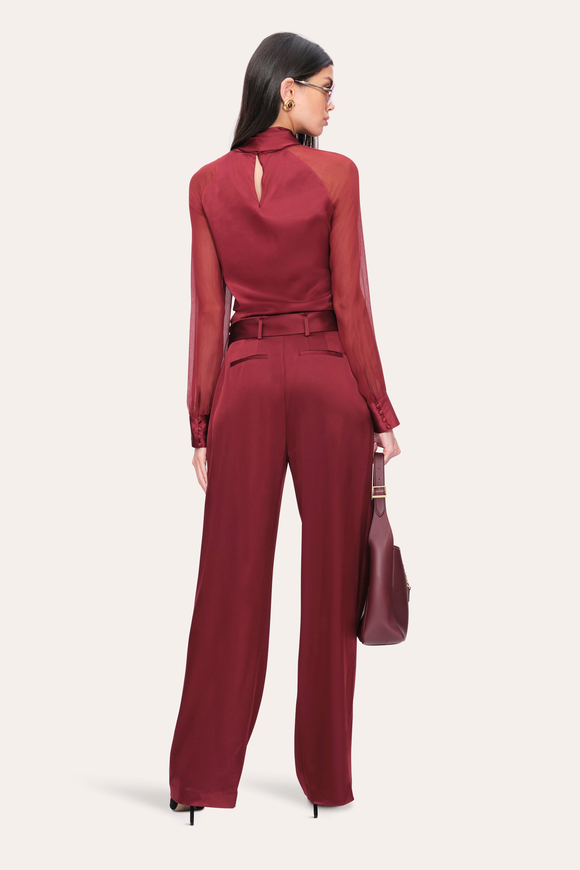 Elie Tahari Satin spodnie bordowe satynowe szerokie z paskiem