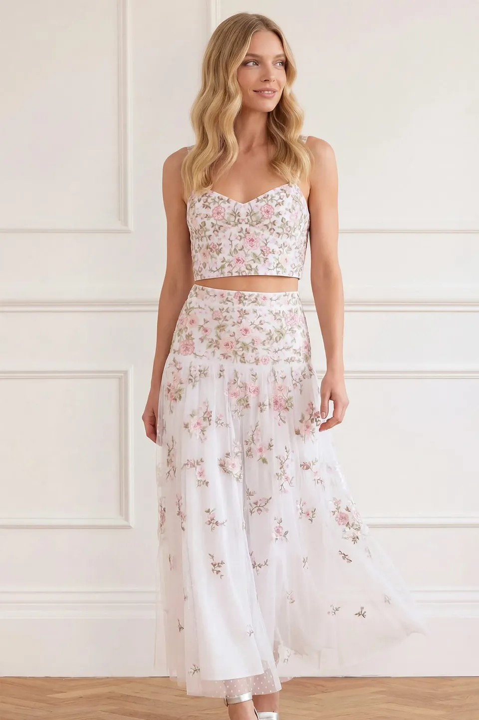 Needle & Thread Eden Rose Ankle Skirt spódnica biała haft