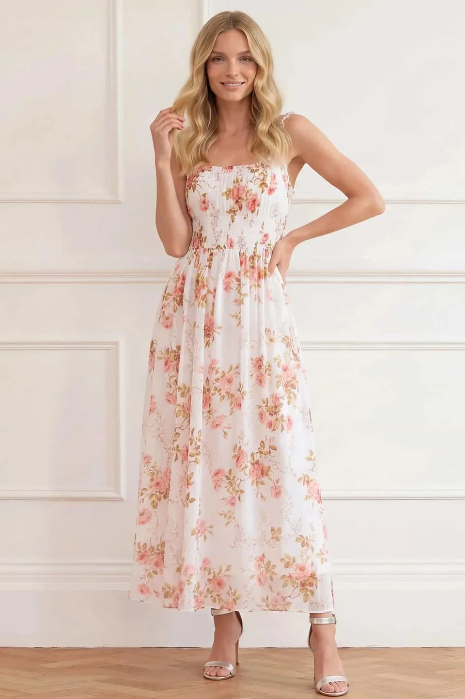 Needle & Thread Summer's Rose Ankle Gown sukienka biała w kwiaty
