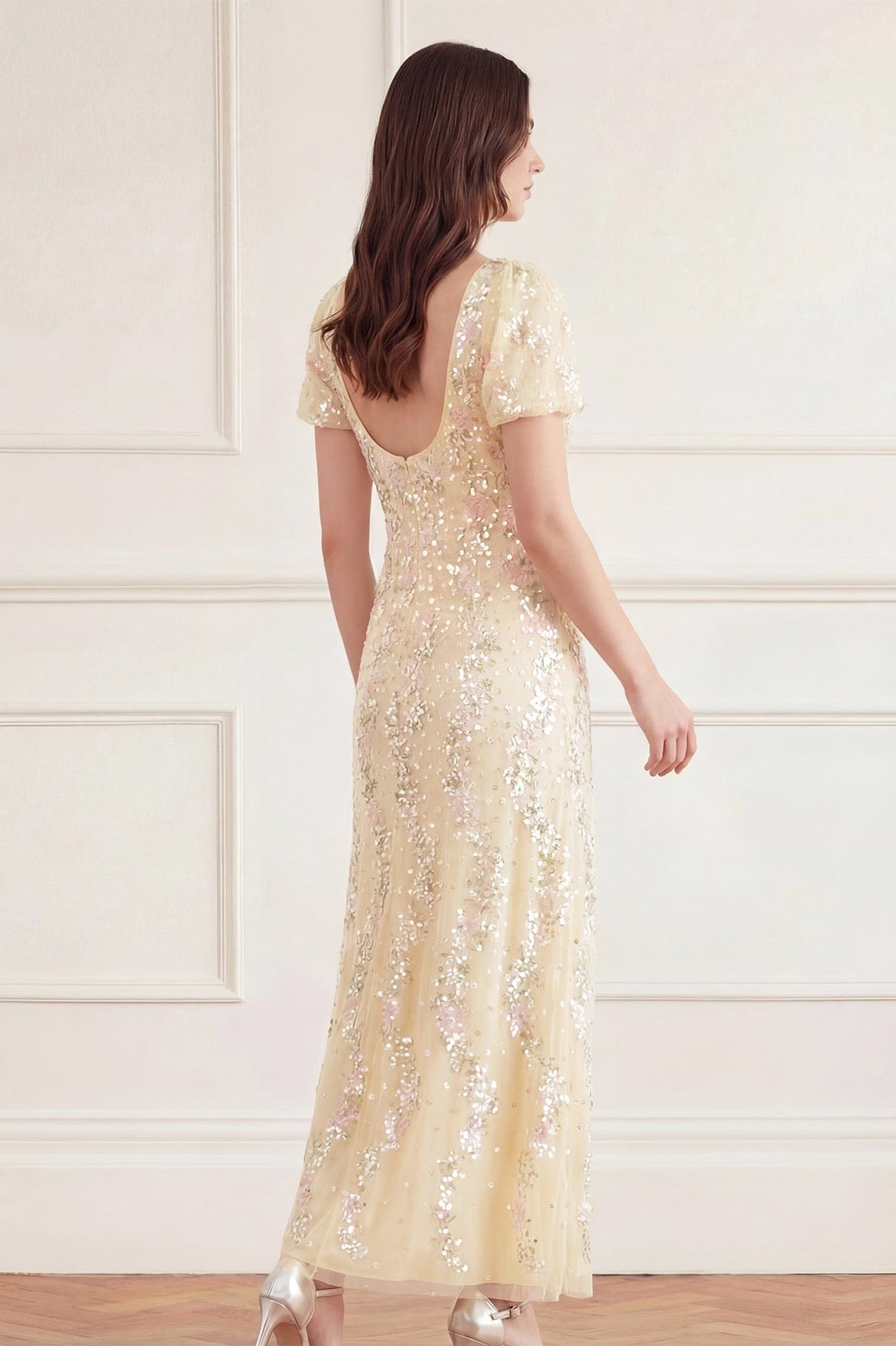 Needle & Thread Confetti Puff Sleeve Ankle Gown suknia żółta cekinowa