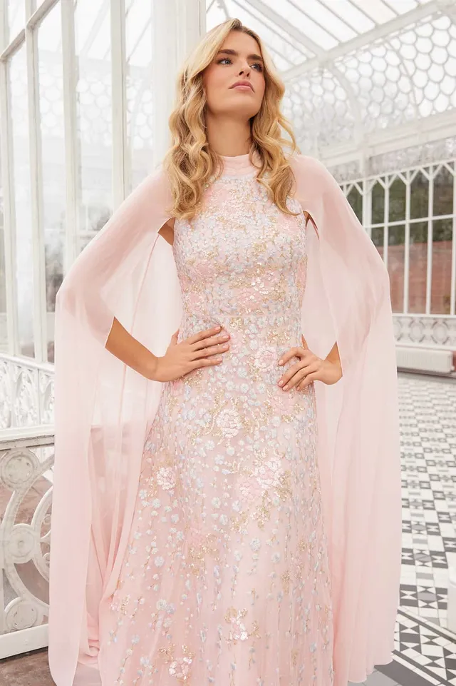 Needle & Thread Cressida Floral Cape sukienka midi pink haftowana