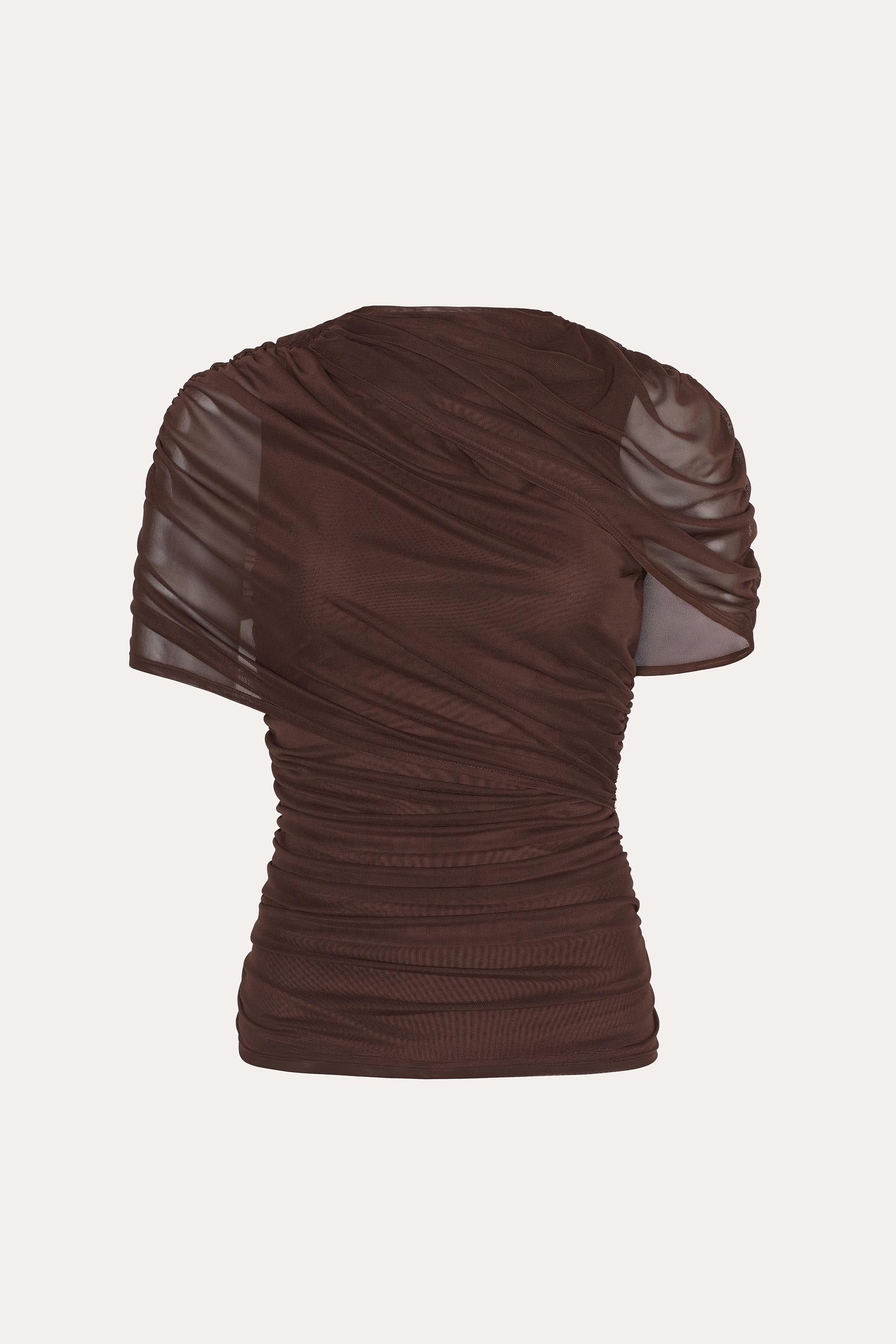 Elie Tahari Gaia top mesh drapowany brązowy
