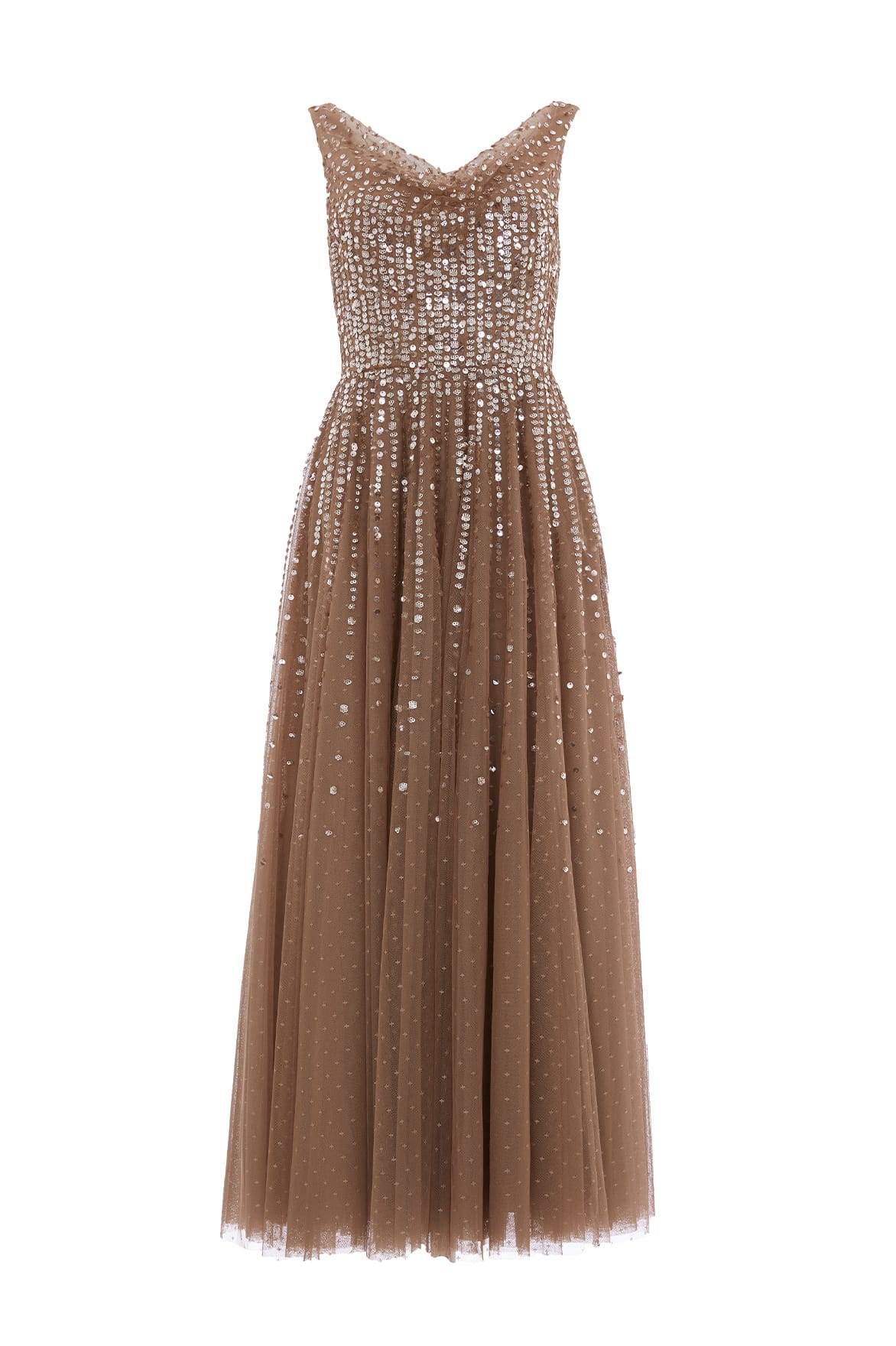 Needle & Thread Moonlight Sequin Cowl Neck Ankle Gown sukienka brązowa