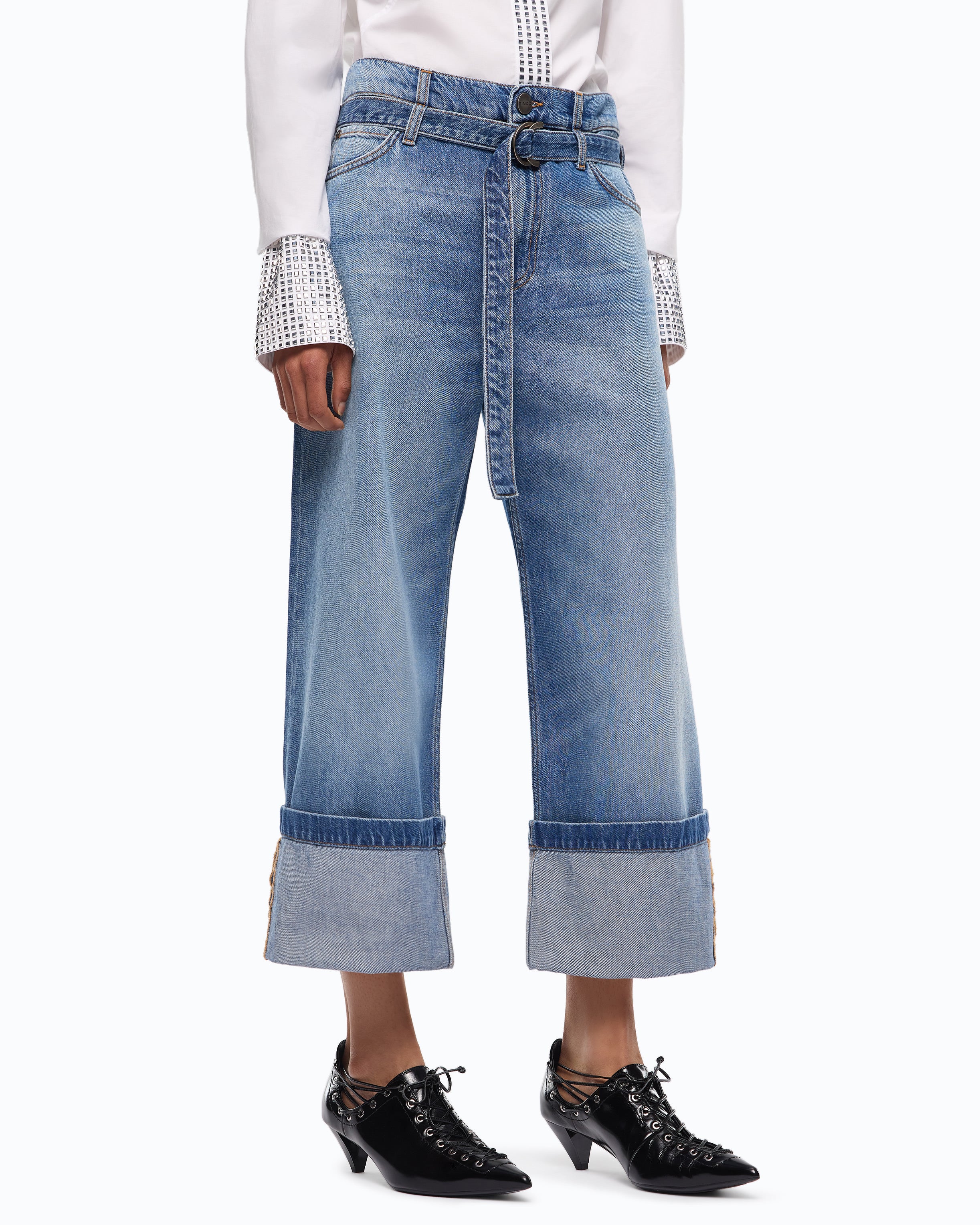 Pinko Cyntia jeansy cropped jasnoniebieskie z paskiem