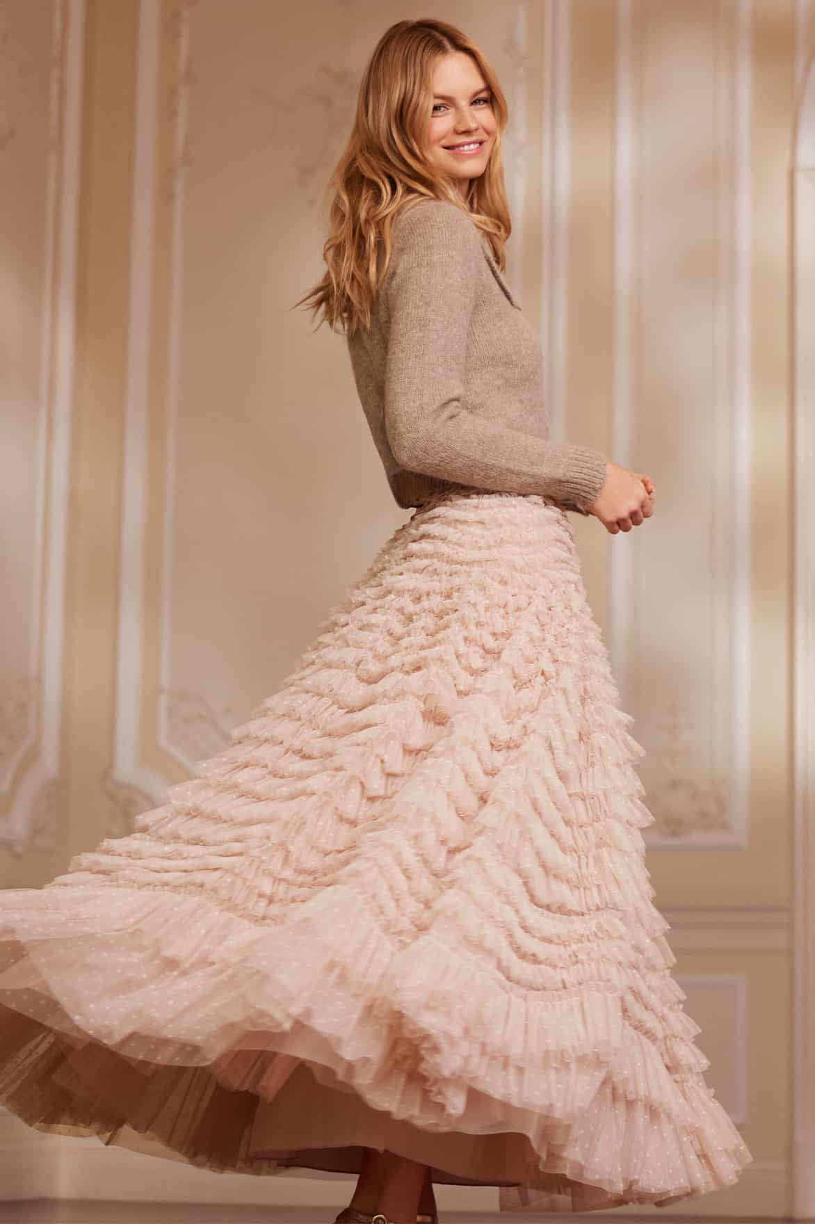 Needle & Thread Hattie Ruffle Ankle Skirt spódnica beżowa tiul