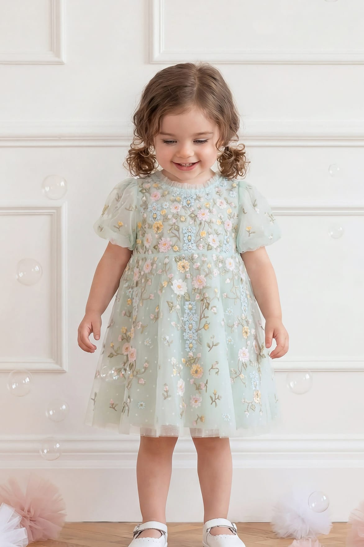 Needle & Thread Garden Rose Baby sukienka dziecięca Green tiul