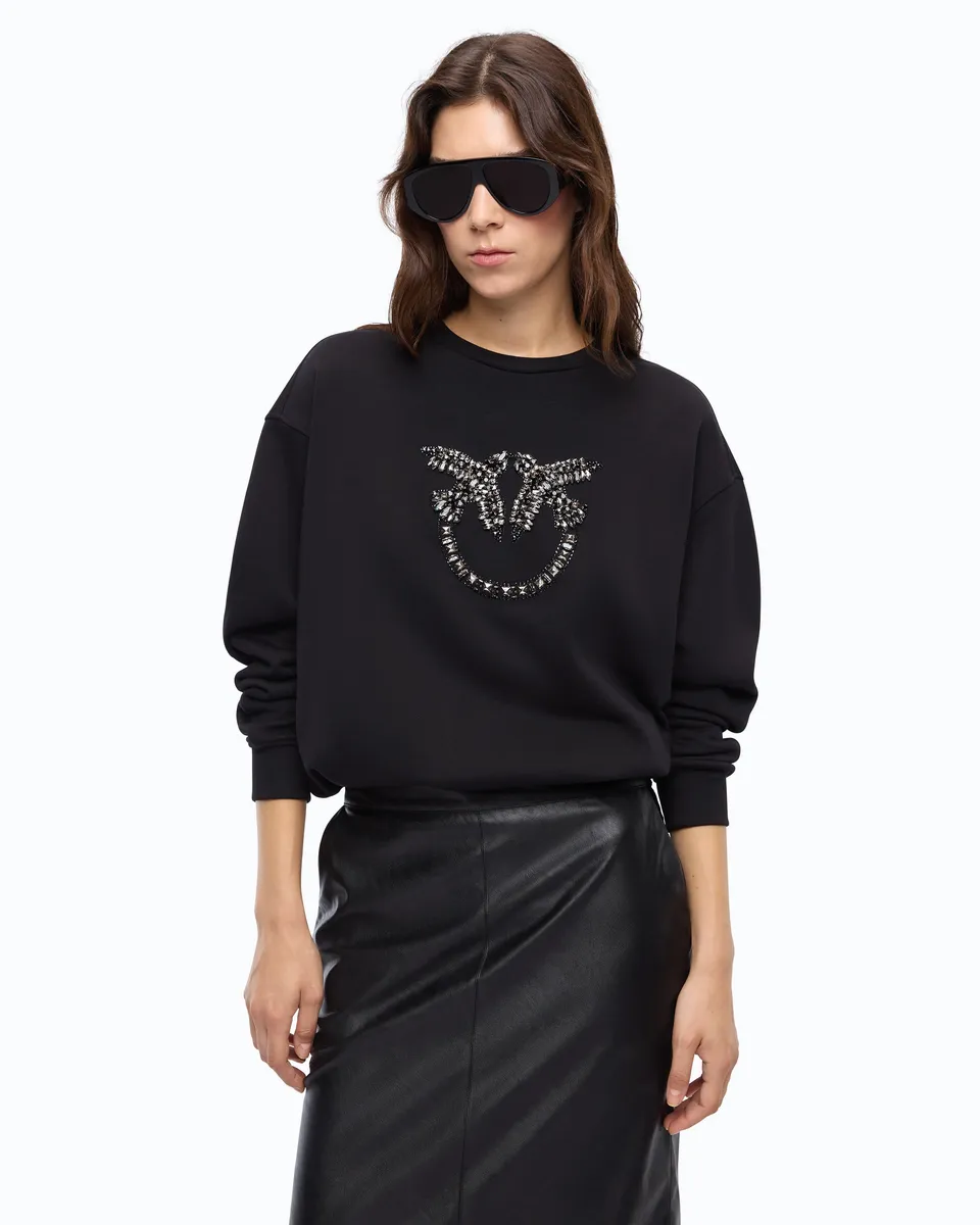 Pinko Love Birds bluza bawełniana kryształki czarna
