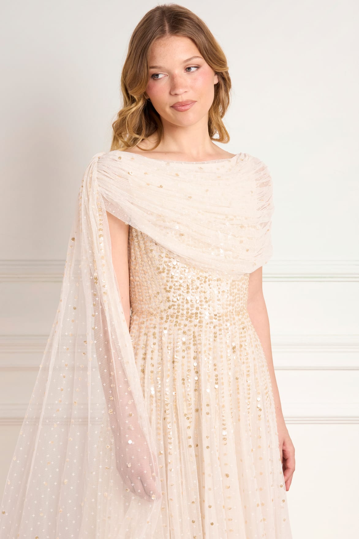 Needle & Thread Moonlight Sequin Draped Gown sukienka kremowa cekinowa