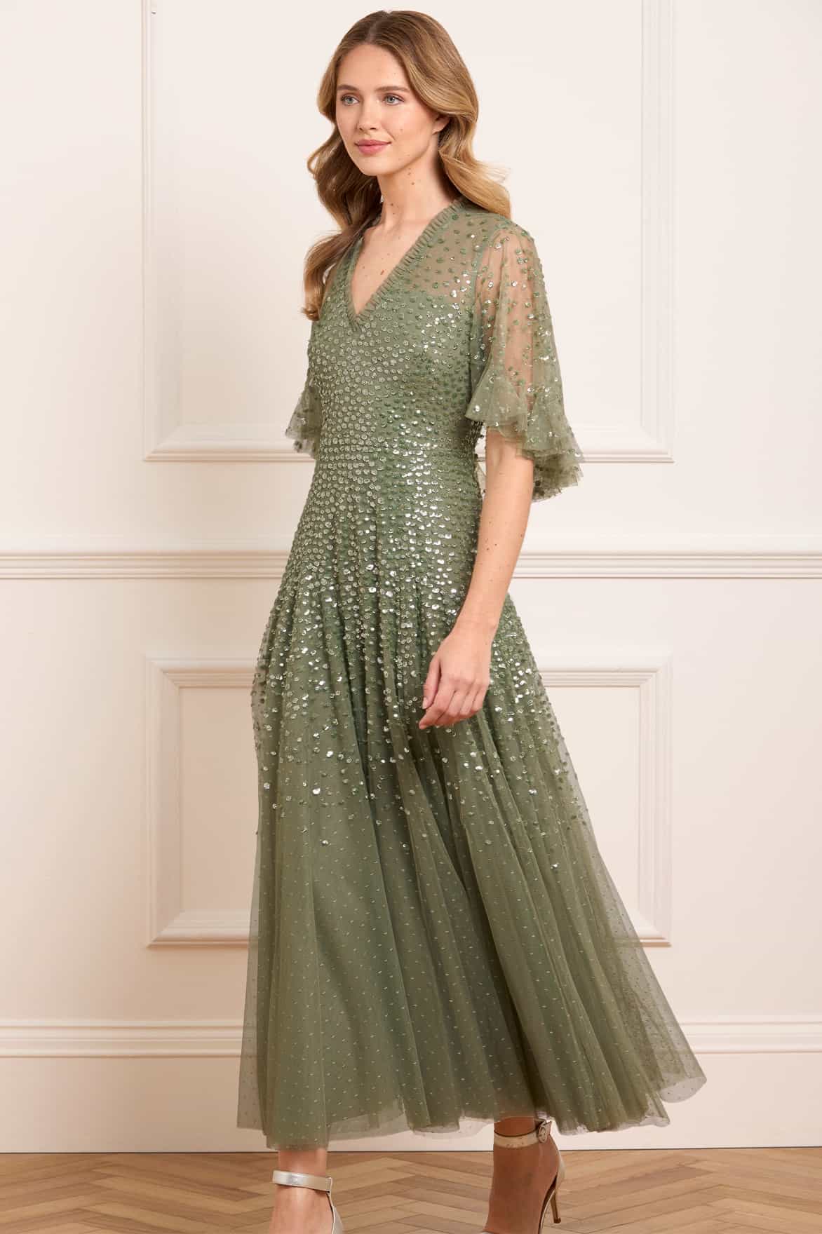 Needle & Thread Dappled Sequin Cape Ankle Gown sukienka zielona
