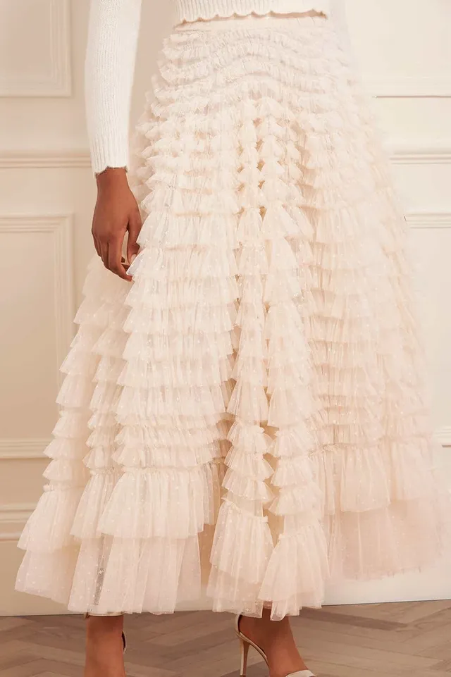 Needle & Thread Hattie Ruffle Ankle Skirt spódnica kremowa