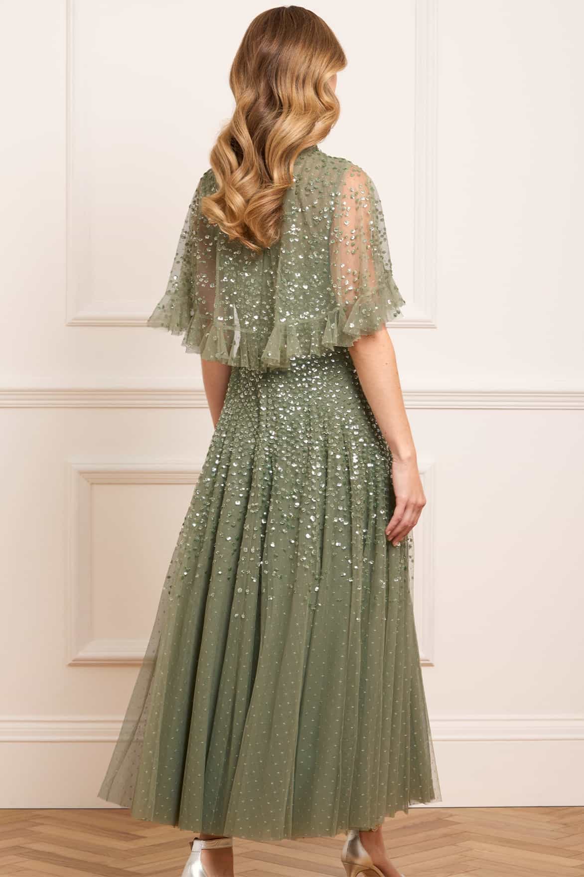 Needle & Thread Dappled Sequin Cape Ankle Gown sukienka zielona