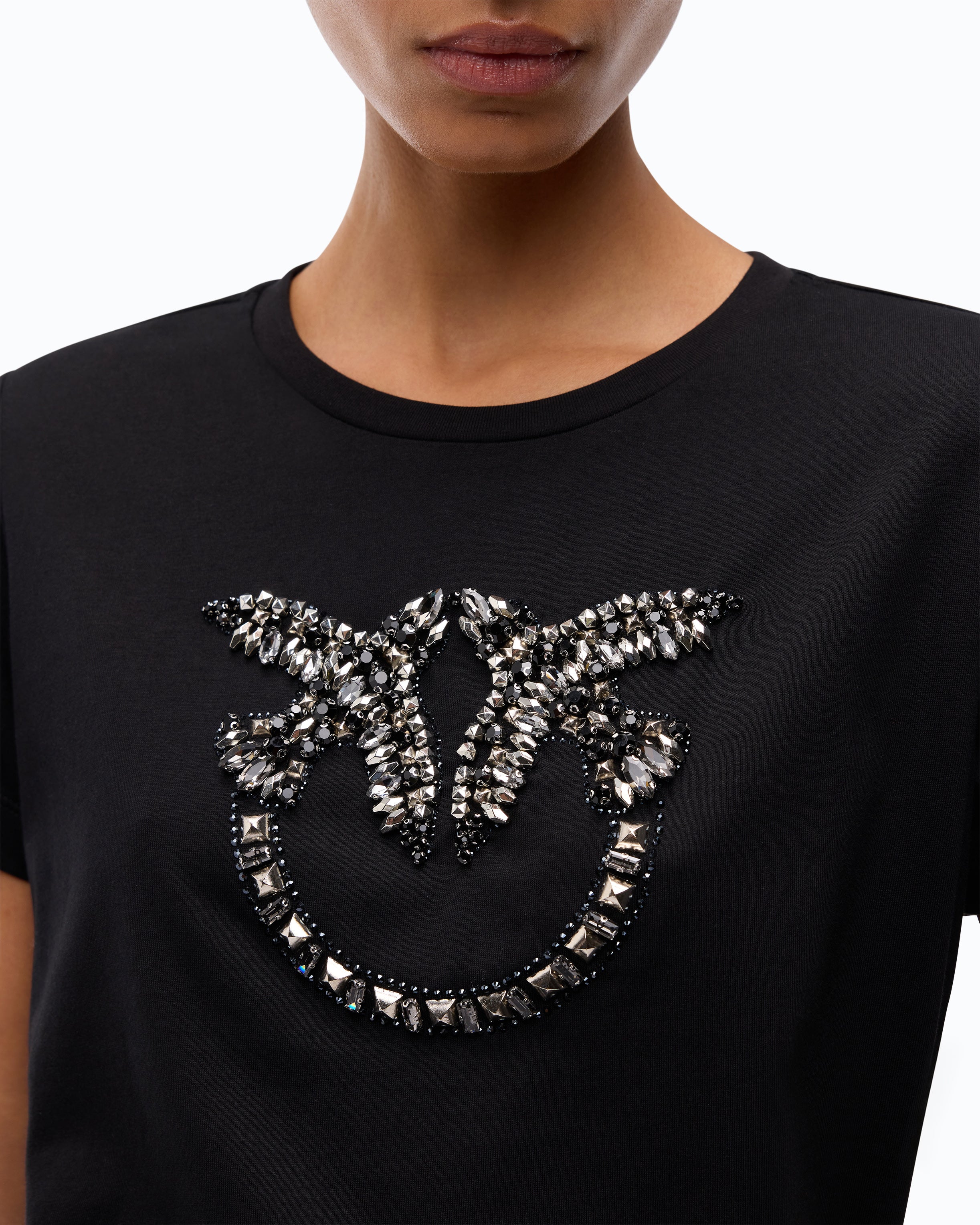 Pinko T-shirt Love Birds koszulka czarna kryształki