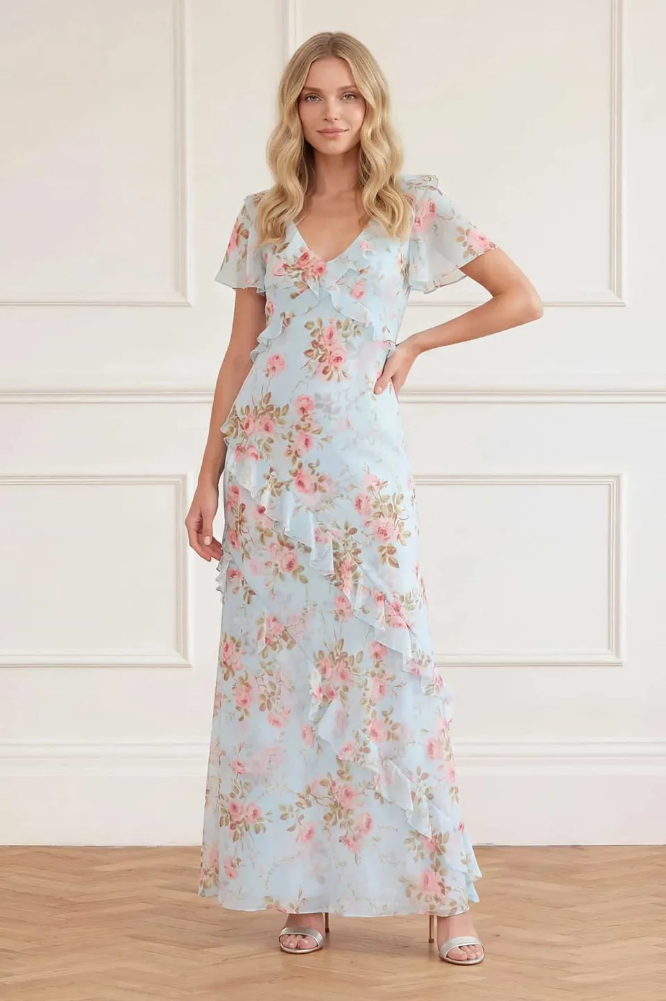 Needle & Thread Summer's Rose Georgette V-Neck Gown suknia niebieska