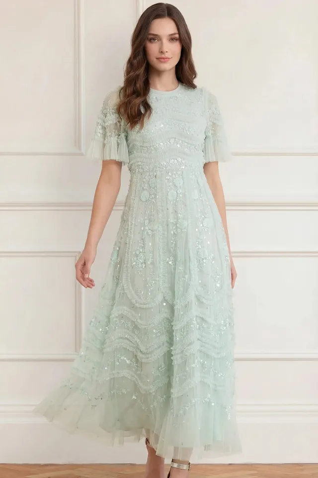 Needle & Thread Gianna Ruffle Short Sleeve Ankle Gown sukienka zielona