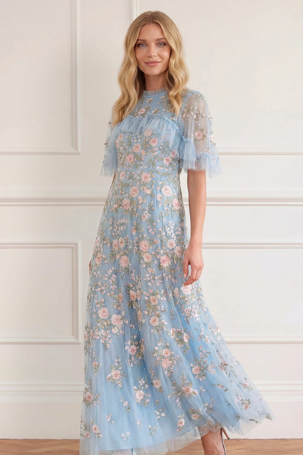 Needle & Thread Eden Rose Cape Ankle Gown sukienka niebieska