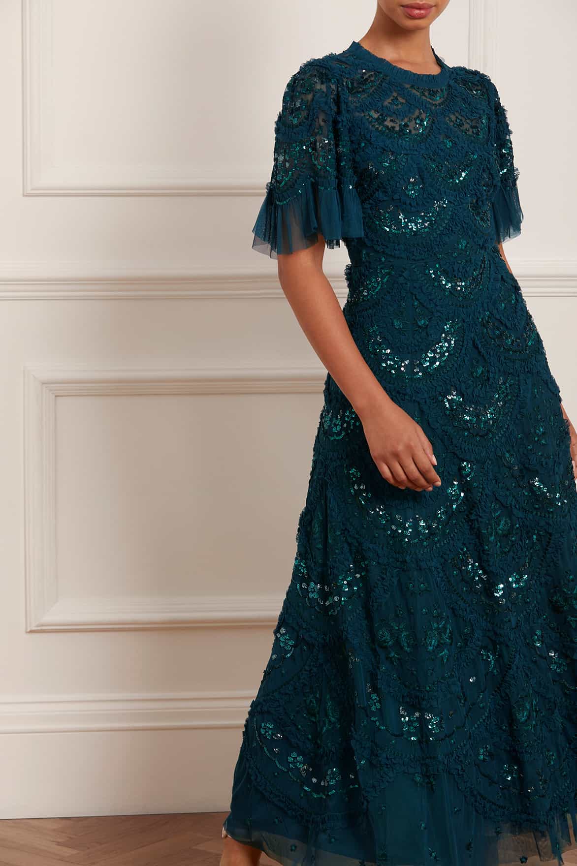 Needle & Thread Carmen Ruffle Ankle Gown sukienka zielona