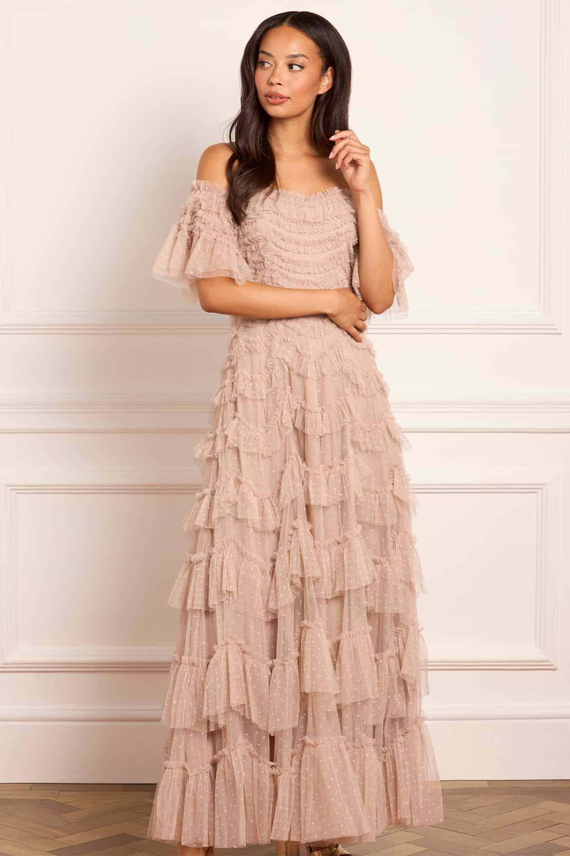 Needle & Thread Aviana Off-Shoulder Gown suknia beż tiul