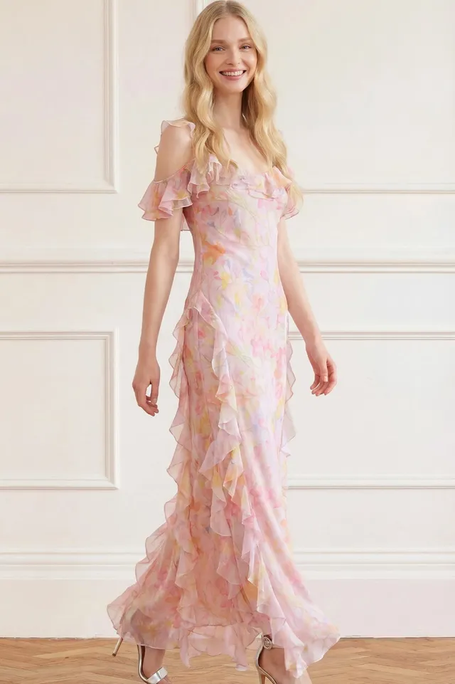 Needle & Thread Floating Freesias Georgette Cami Gown sukienka różowa